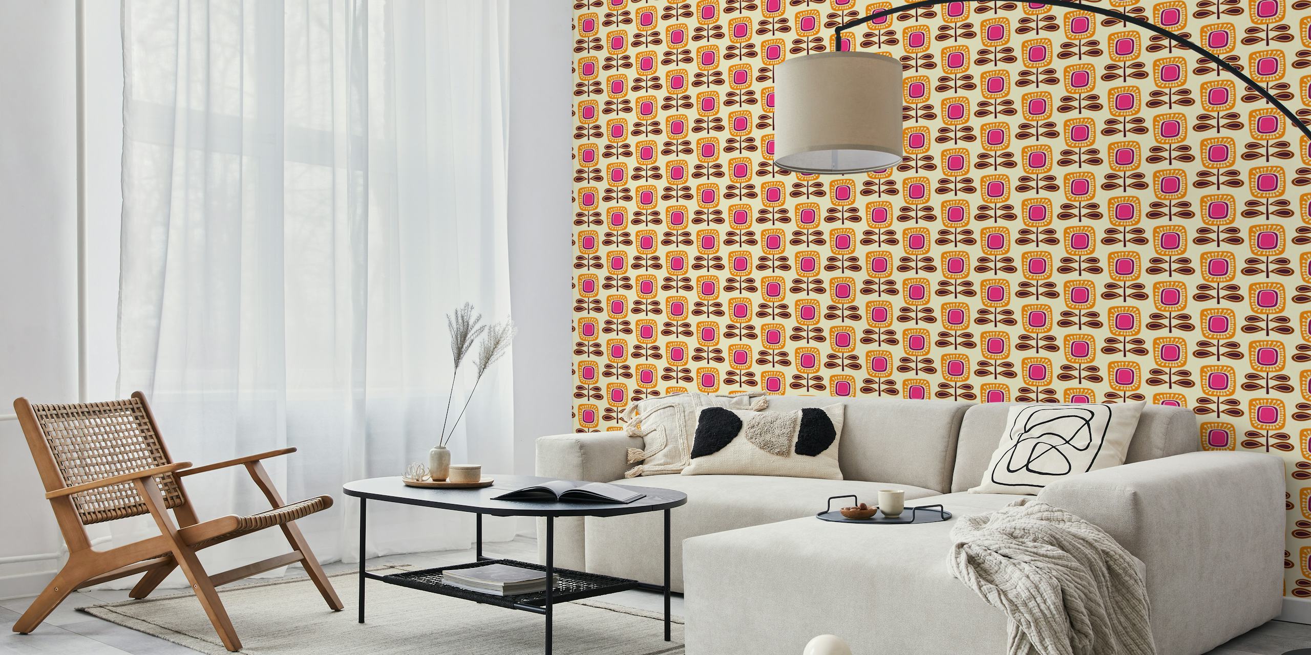 Retro floral pattern wallpaper with pink and orange flowers on a cream background