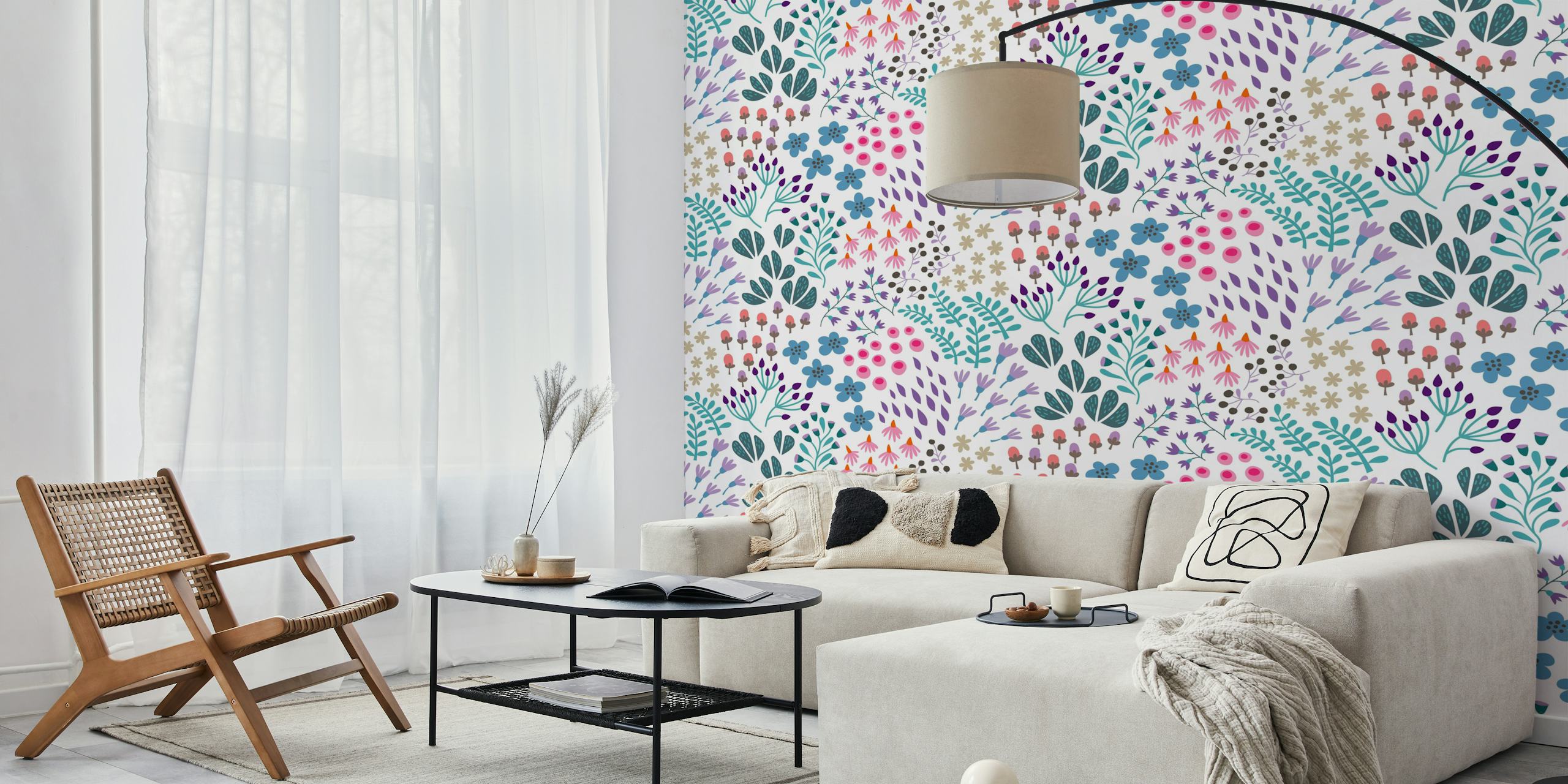 Whimsical watercolor floral wall mural with soft pinks and tranquil blues
