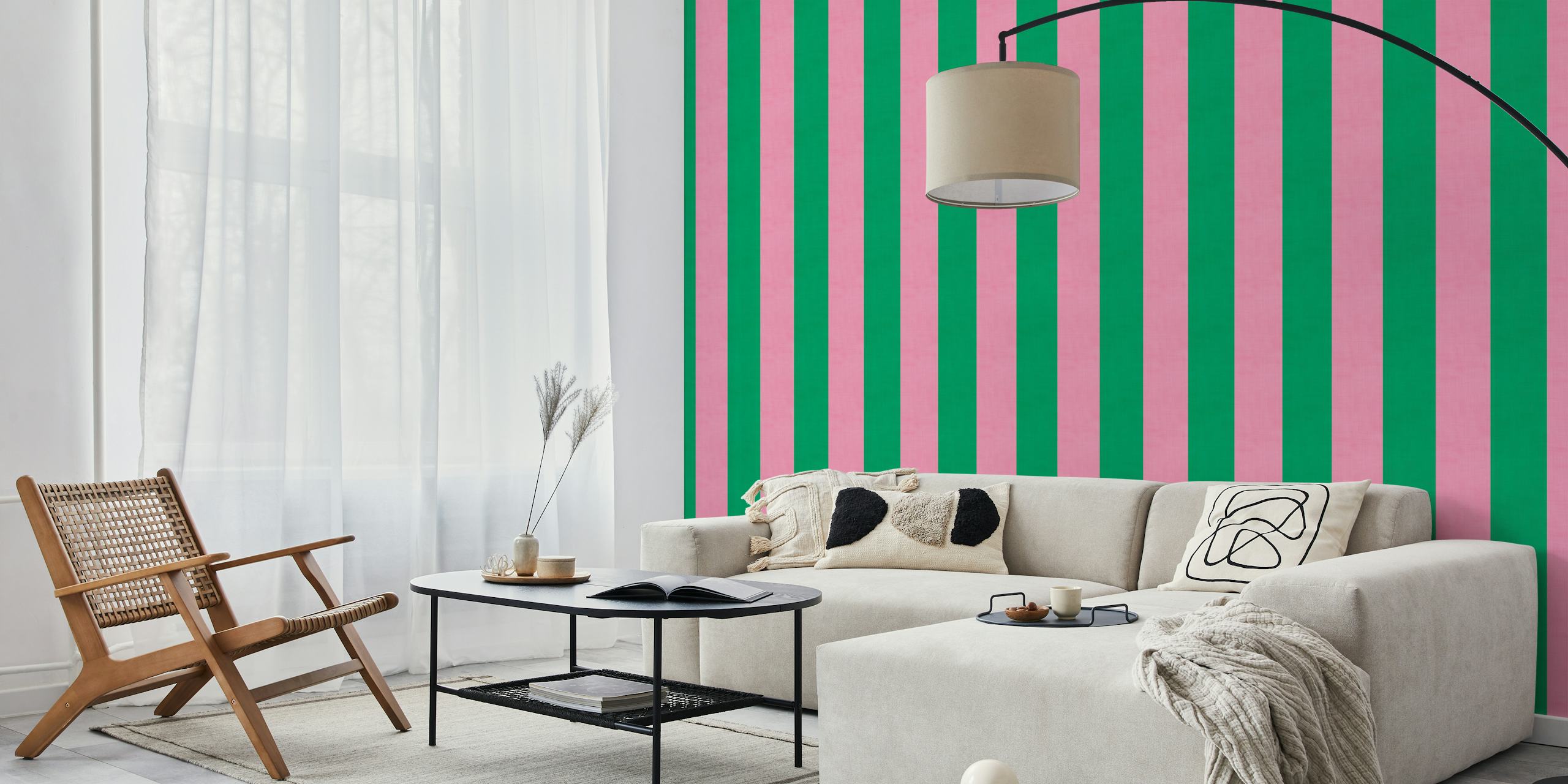 Bright pink and green stripes wallpaper in a room