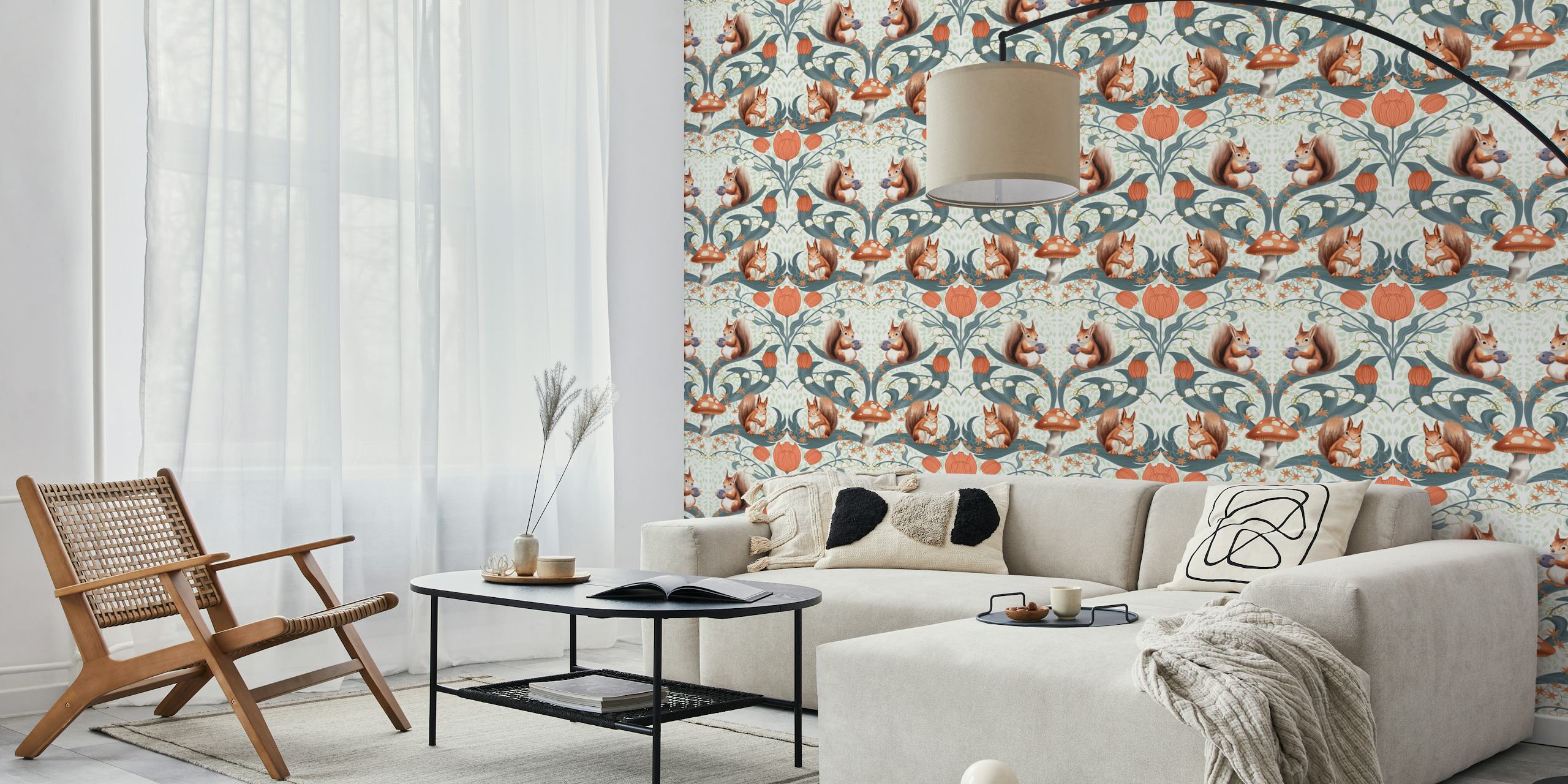 Squirrel and floral pattern in soft tones wallpaper