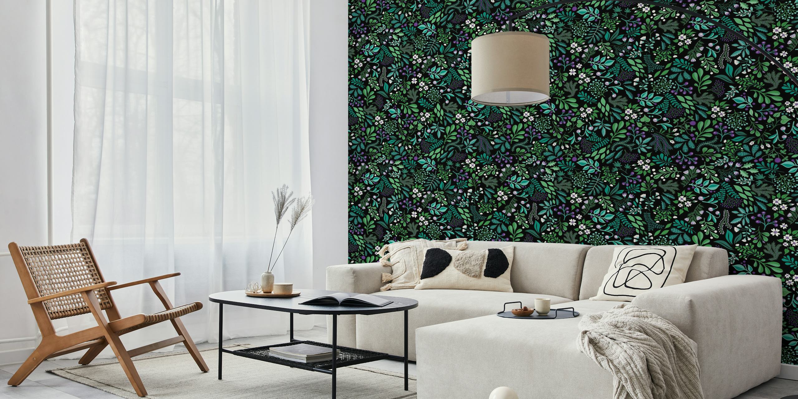 Green and white botanical floral patterns on a black wallpaper