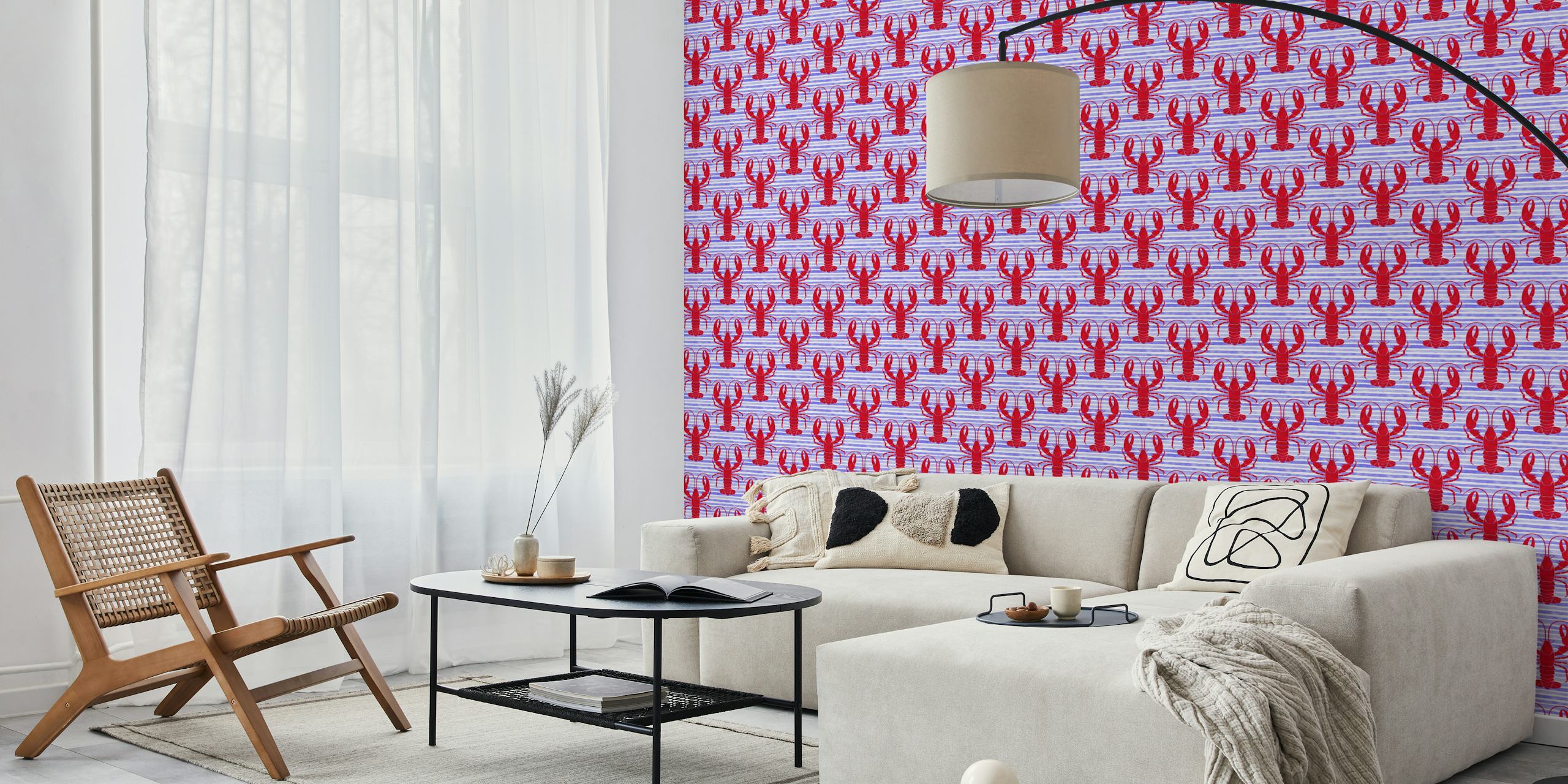 Papier peint mural à motif de homards rouge foncé sur fond rayé bleu et blanc