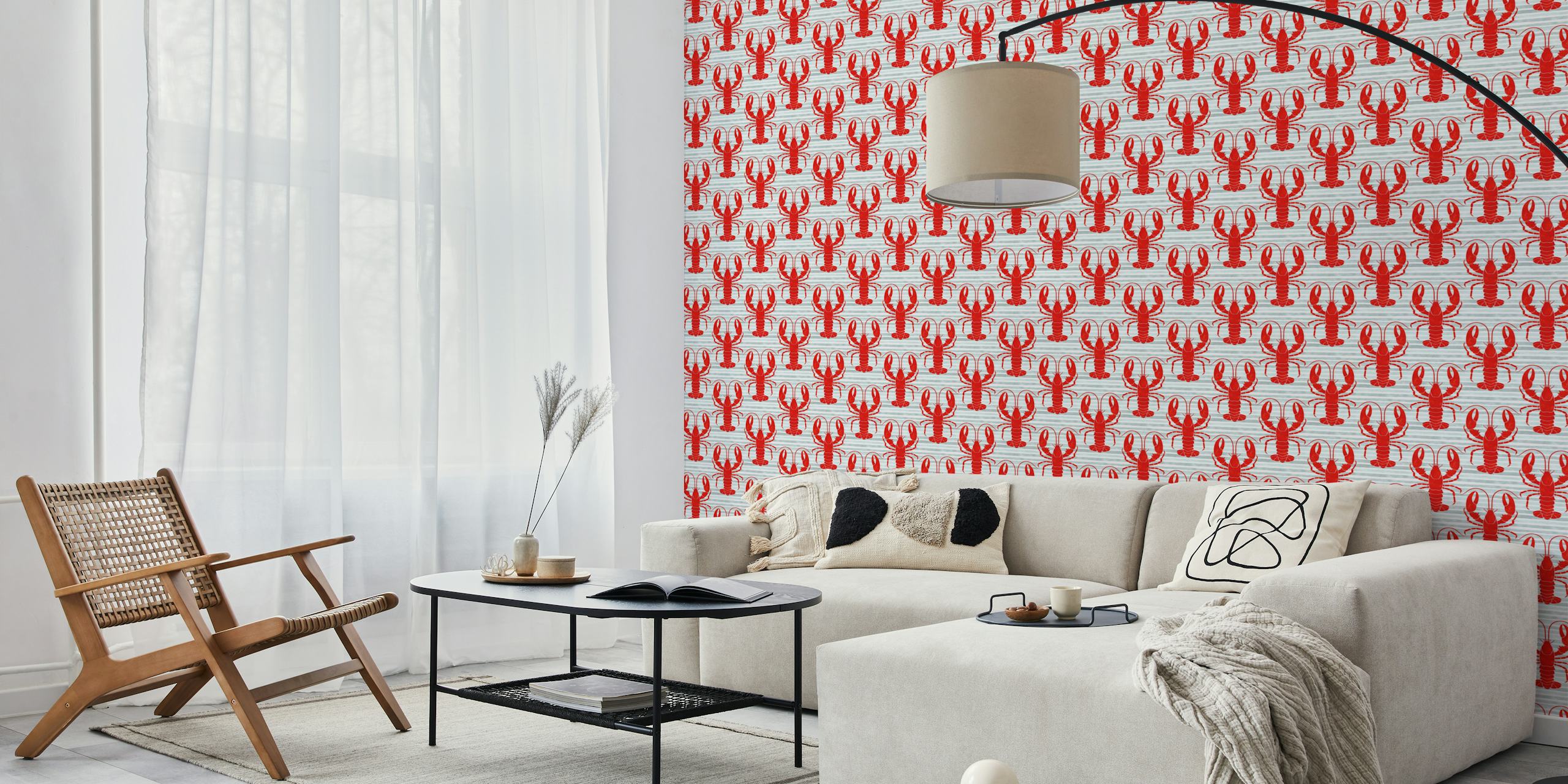Red lobsters on grey striped wallpaper
