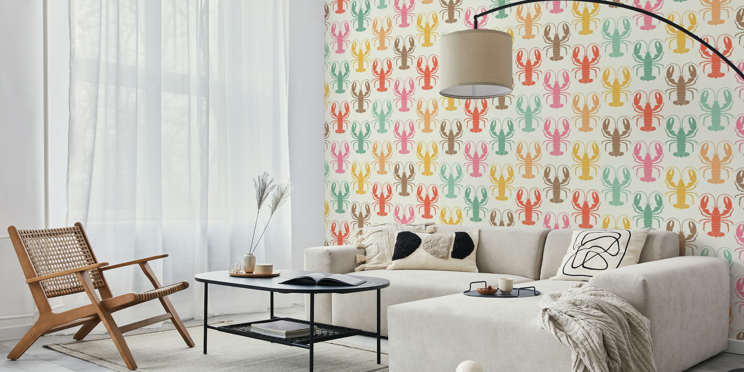 Colorful pastel lobsters wallpaper in a room