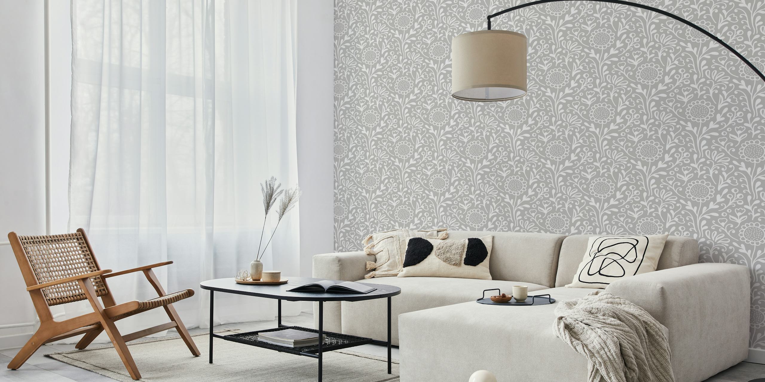 Hand drawn wildflowers pattern wallpaper in a room