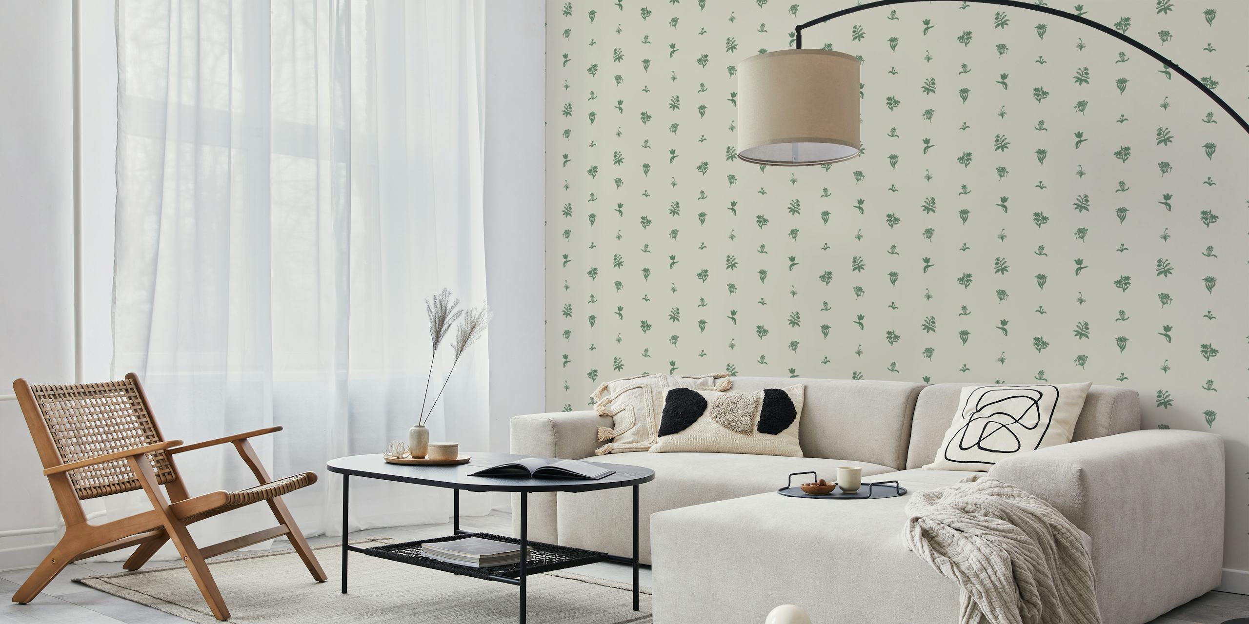 Sparse floral sage green wallpaper in a room