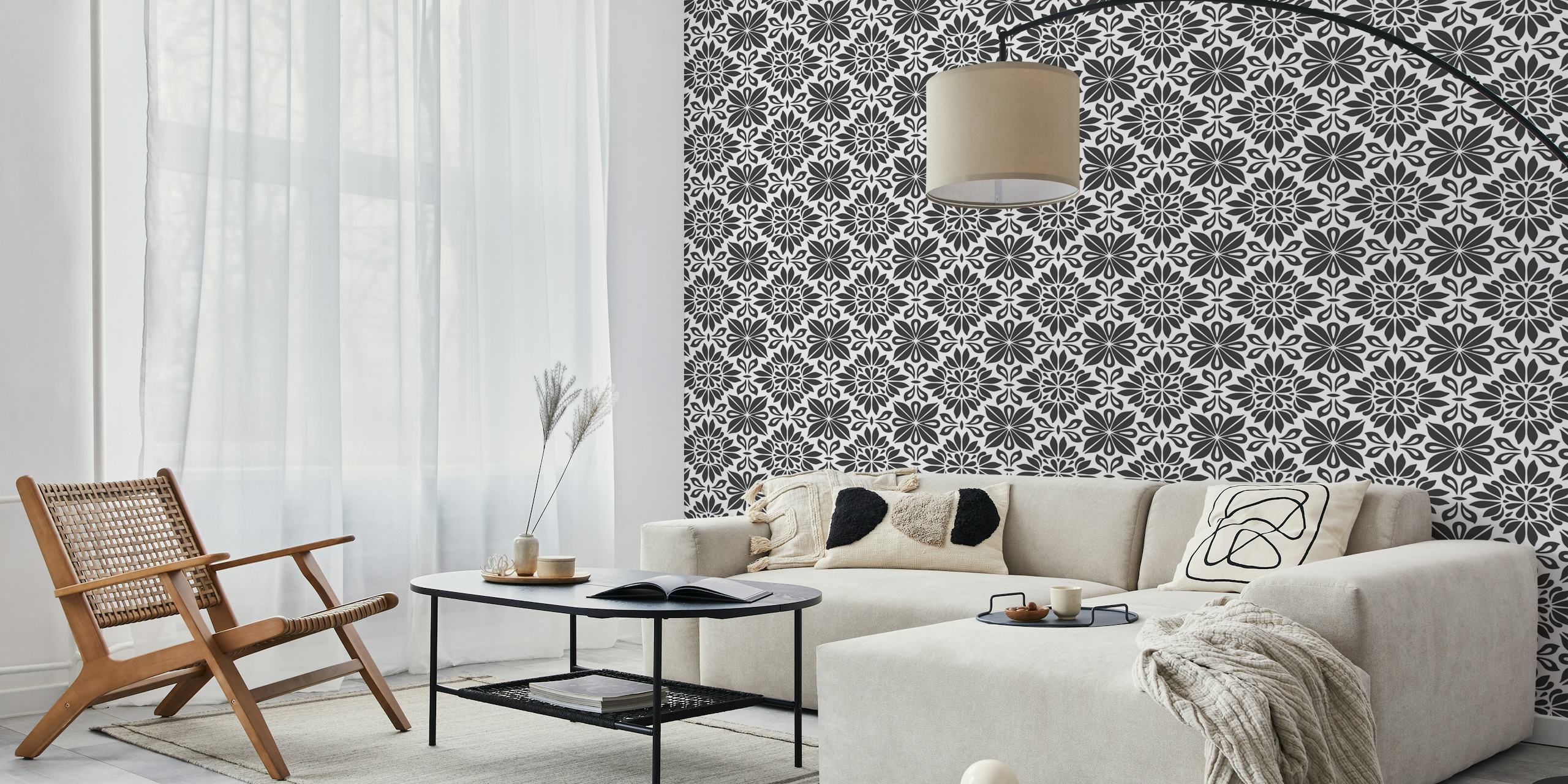 Black en white floral mandala tiles behang