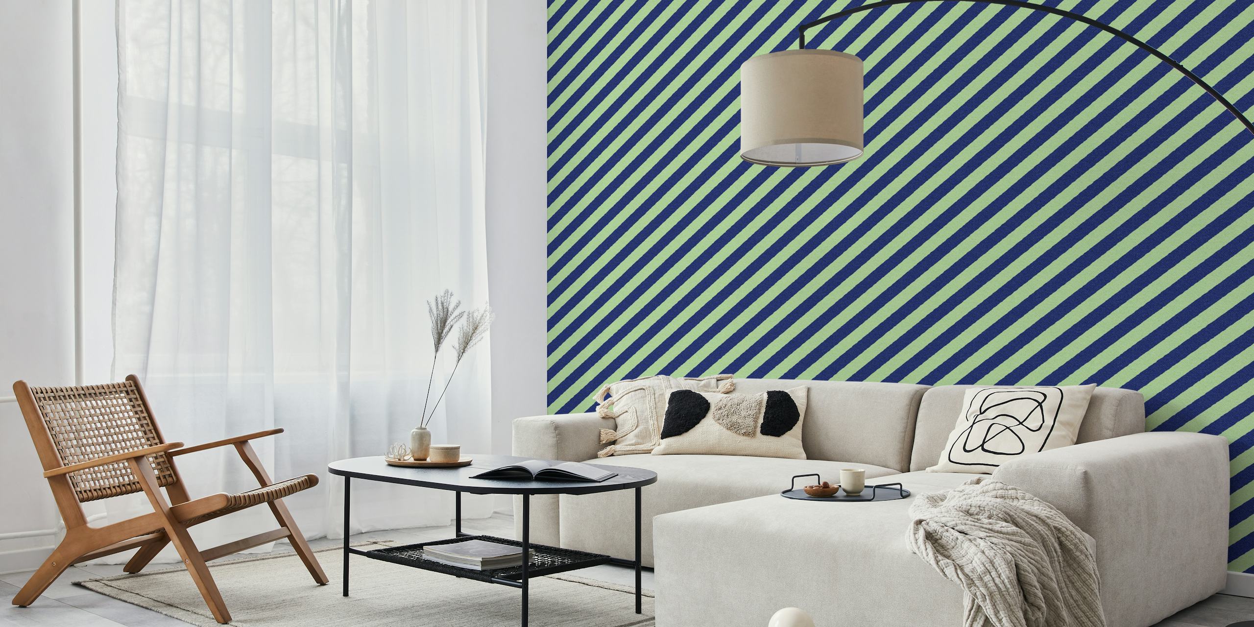 Decorazione murale con strisce blu scuro e blu su sfondo grigio