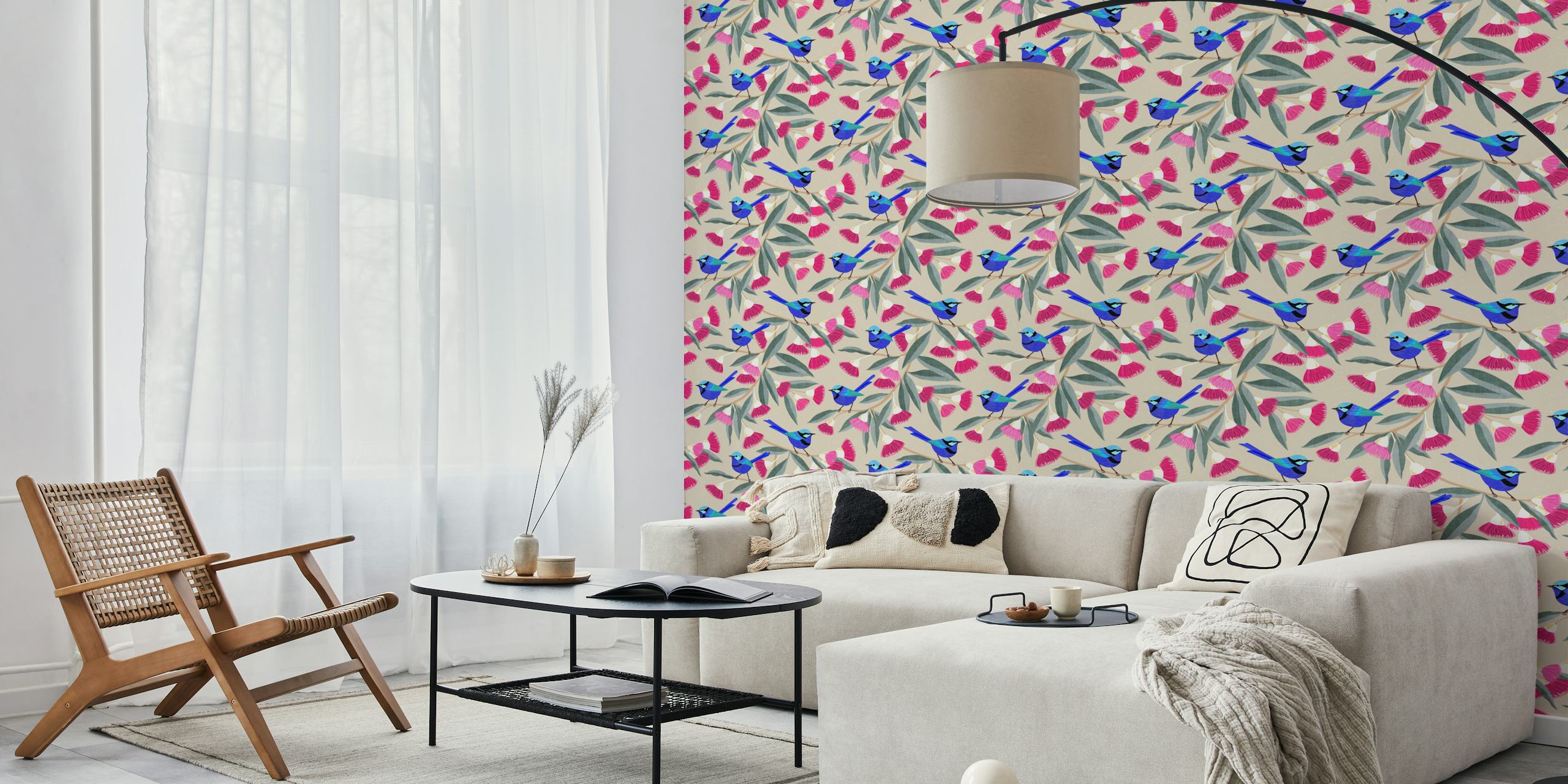 Pink eucalyptus flowers and blue fairy wrens wallpaper