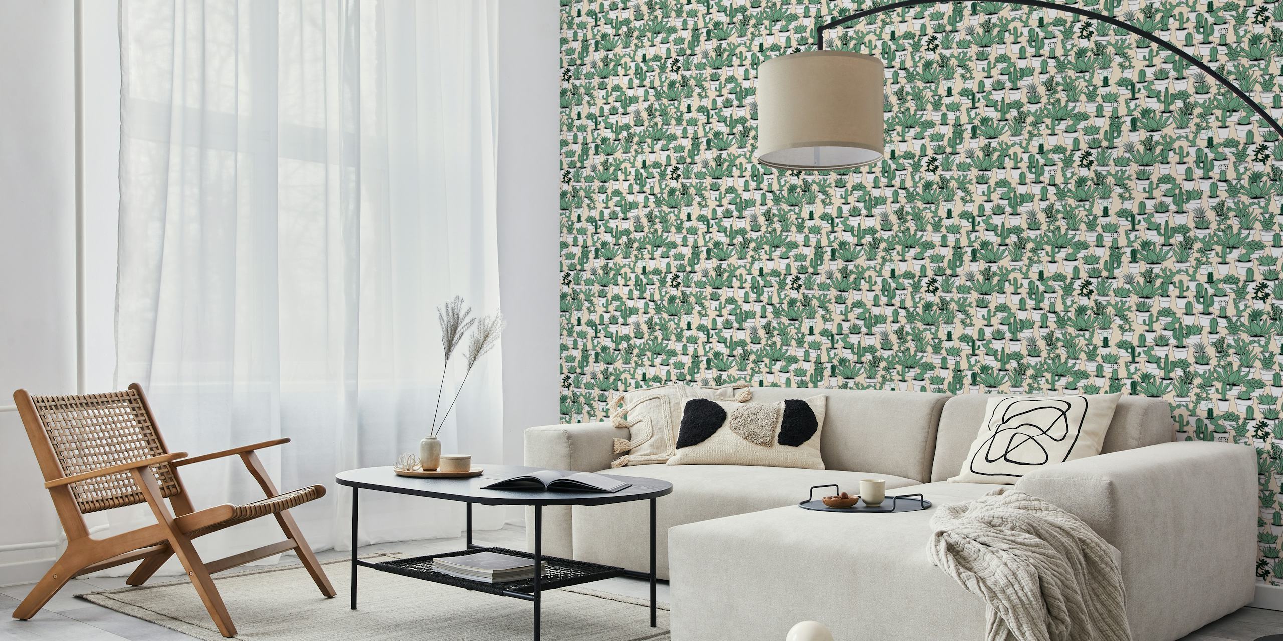 Green succulents in white pots on buff pink wallpaper