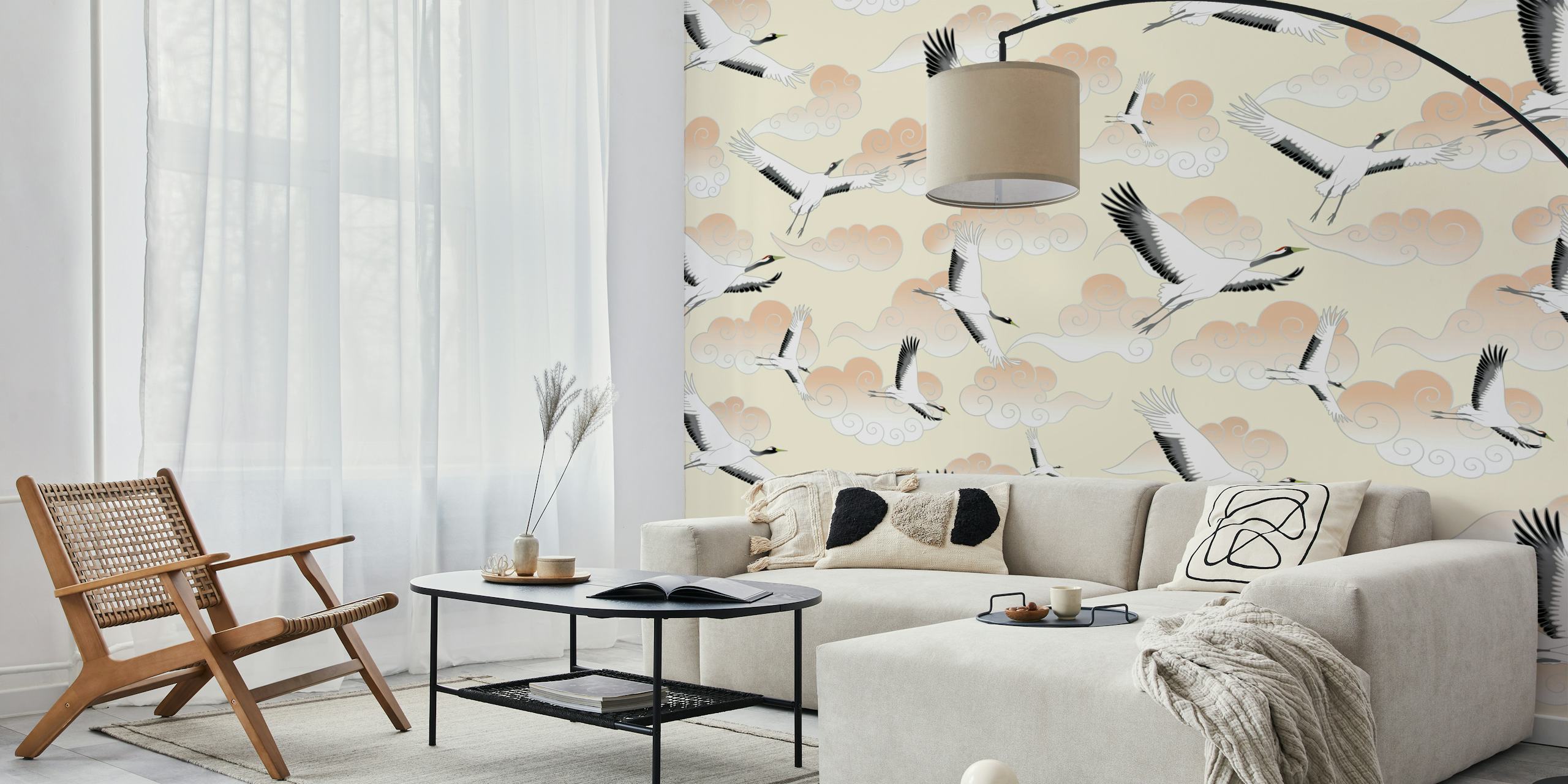 Cranes flying among clouds in soft pastel colors wallpaper