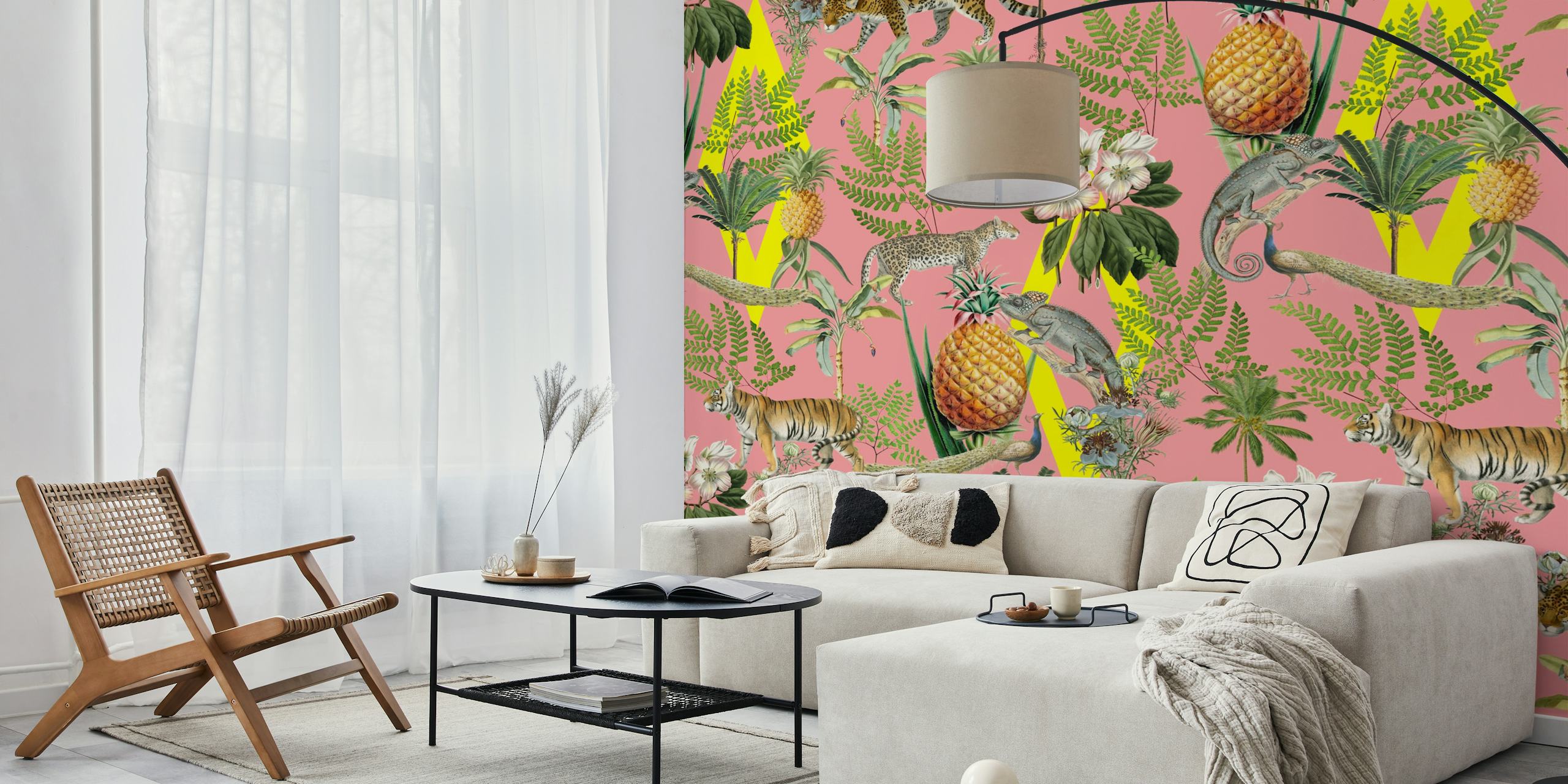 Tropical animal print wallpaper with pink background, featuring tigers, leopards, ferns, and pineapples