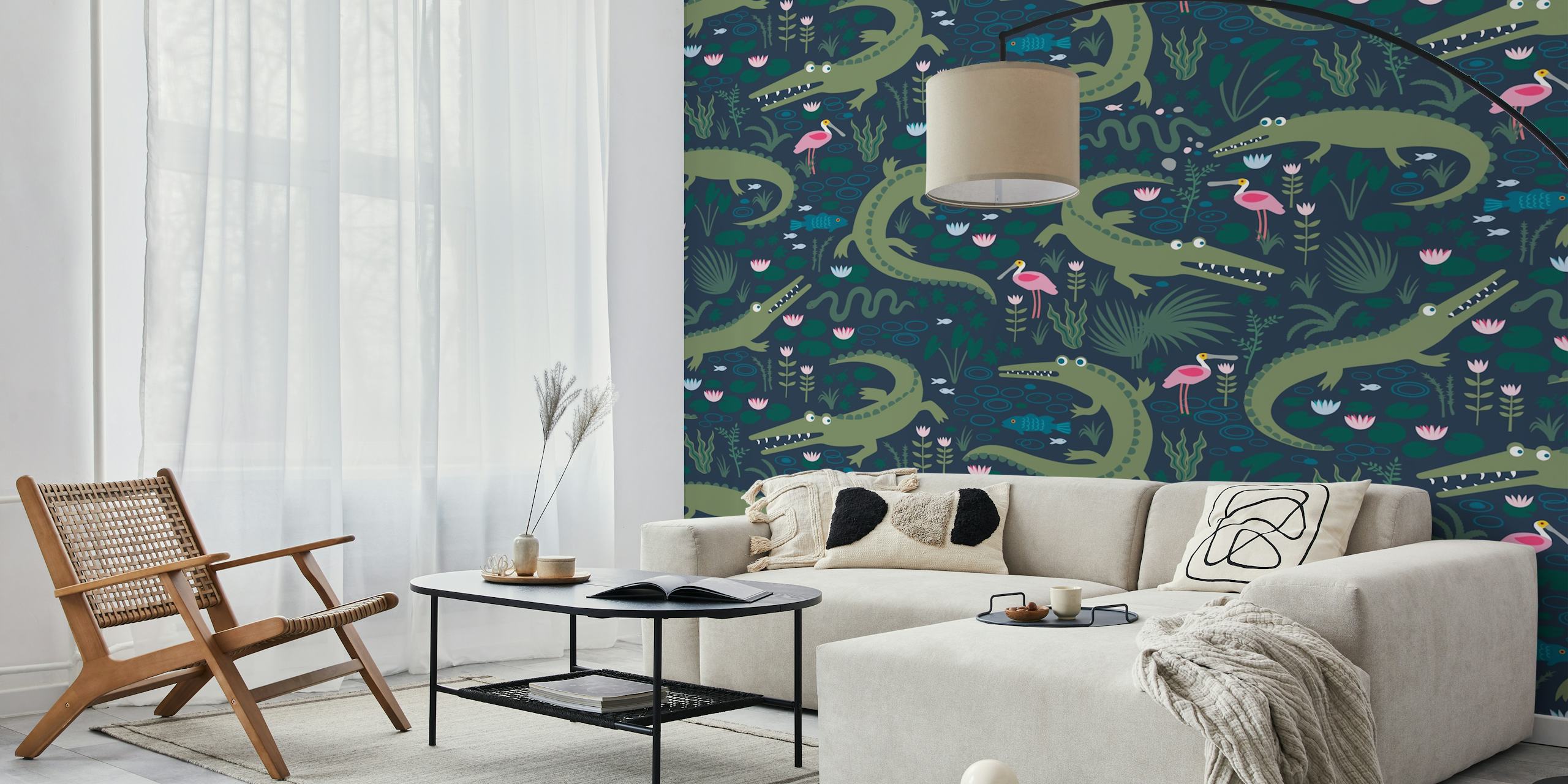 Alligators and roseate spoonbills wallpaper in a room