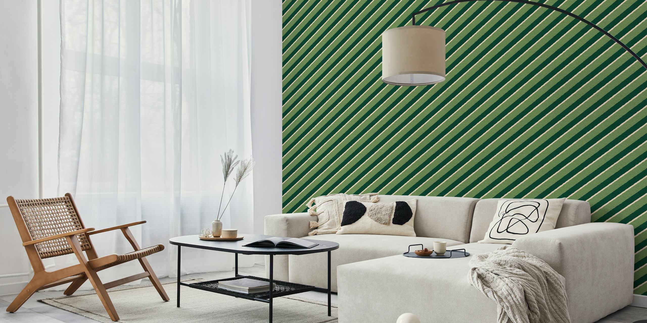 Green and beige diagonal stripes wallpaper