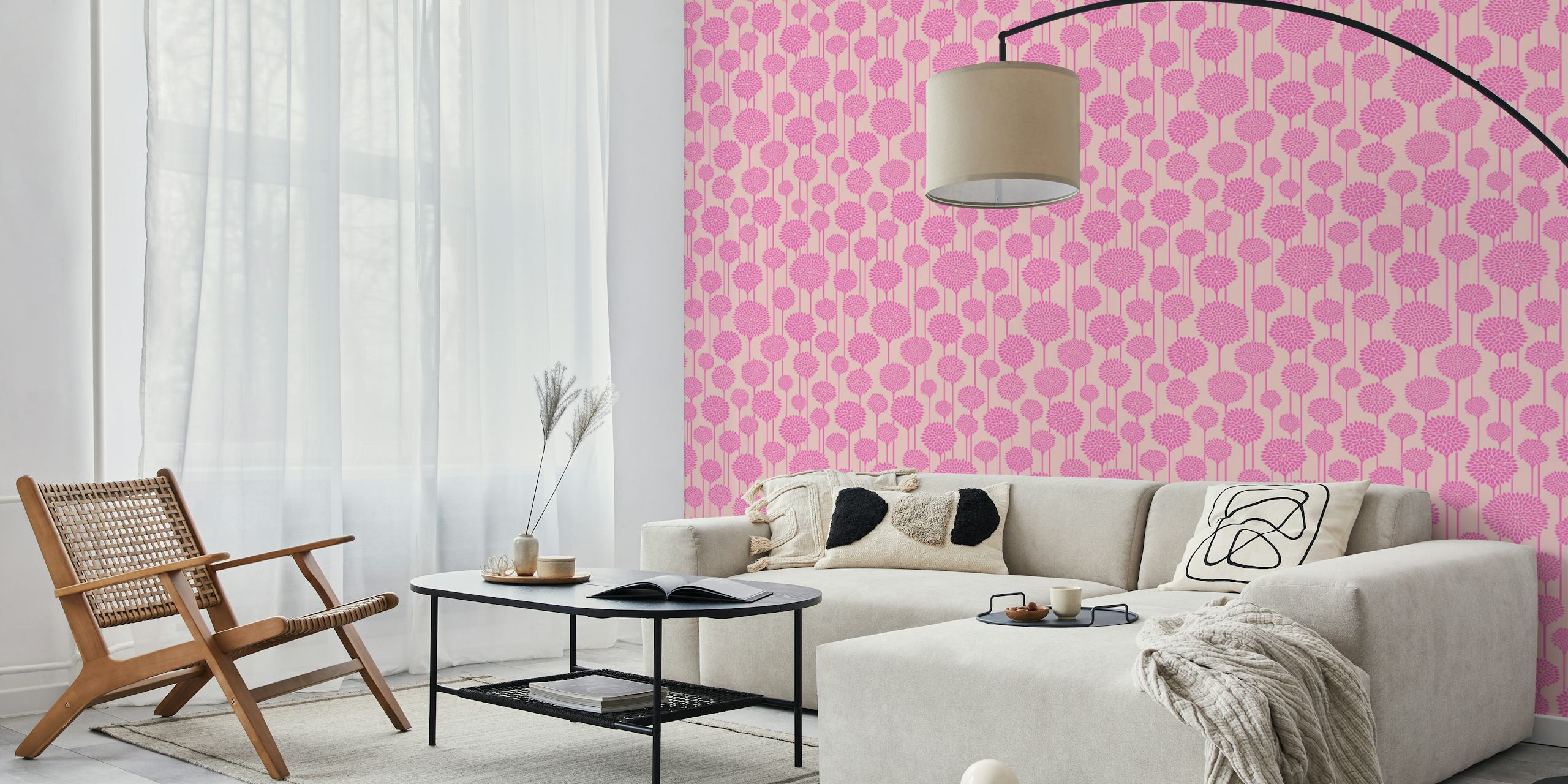 Papel de parede floral rosa suave em um quarto