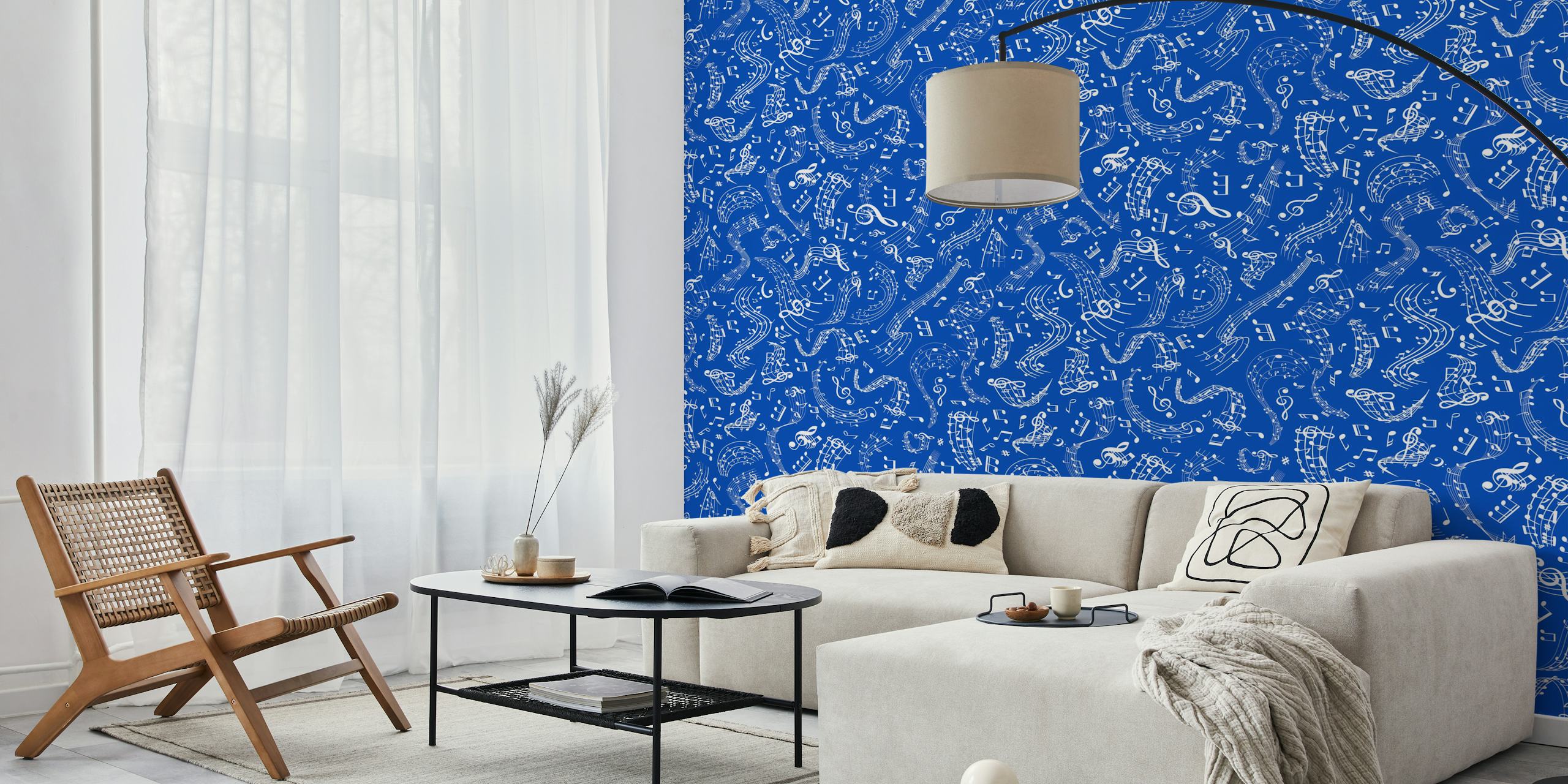 Cobalt blue wall mural with white music notes and symbols pattern