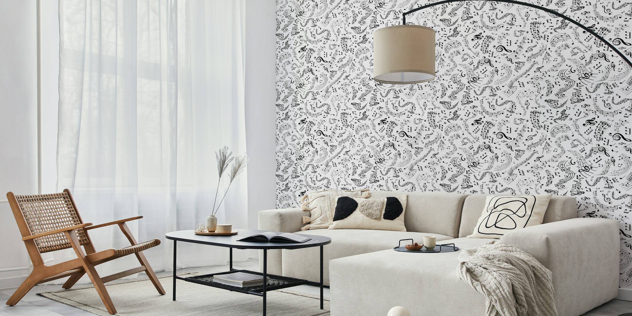 Black and white music notes wallpaper in a room