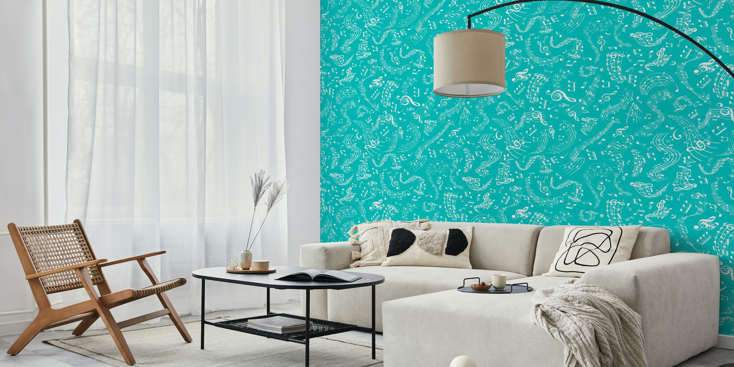 Teal wallpaper with white musical notes and clefs swirling patterns.