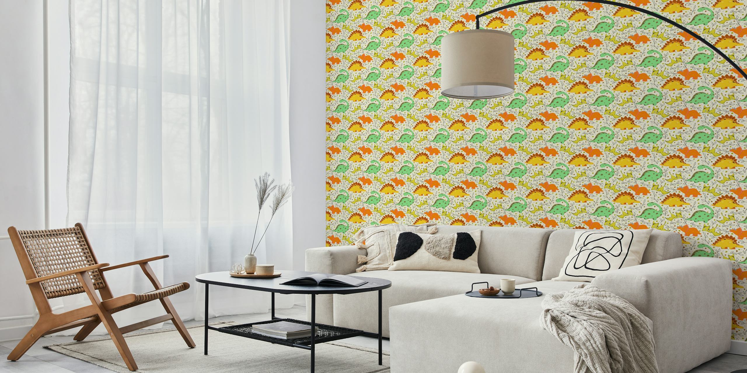 Colorful cartoon dinosaurs in green, orange, yellow, and beige wallpaper