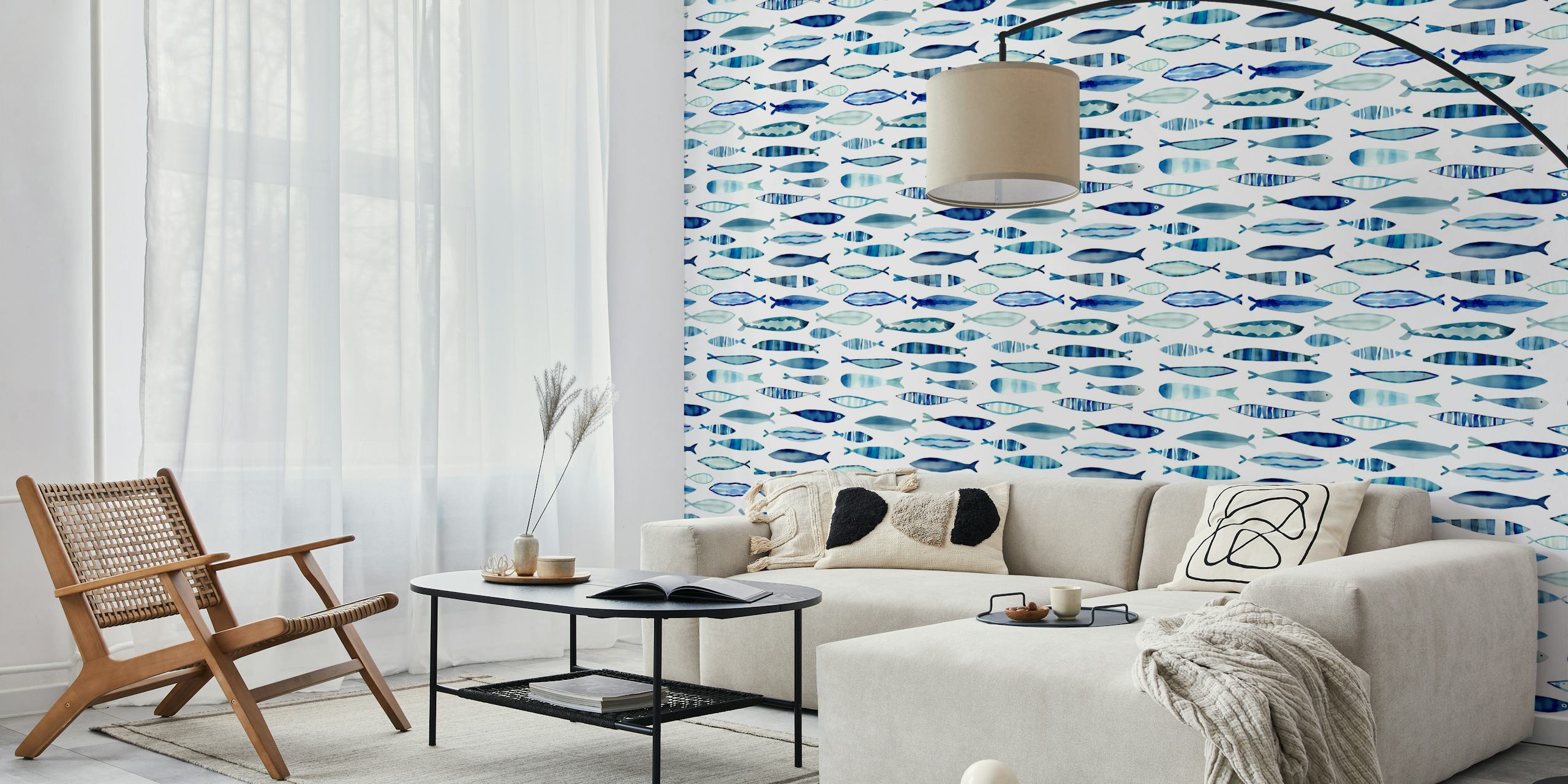 Watercolor fish design wallpaper in a room
