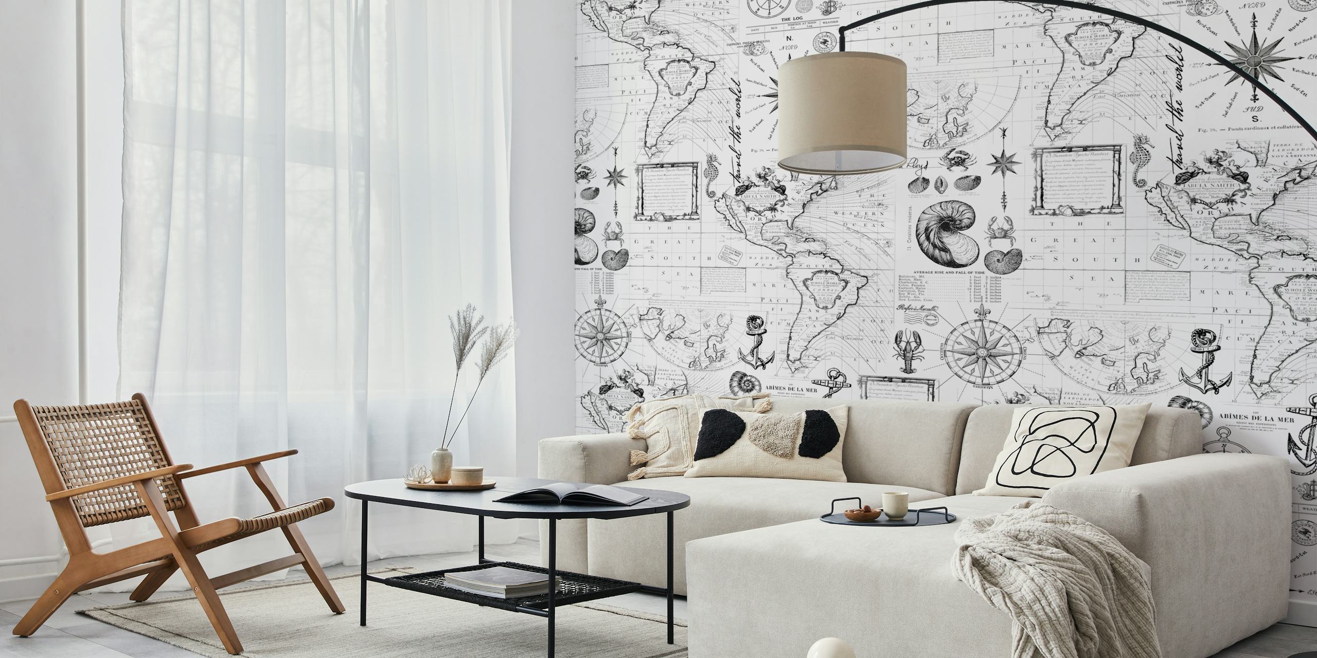 Nautical-themed wallpaper with vintage maps, compass, and ocean motifs in black and white