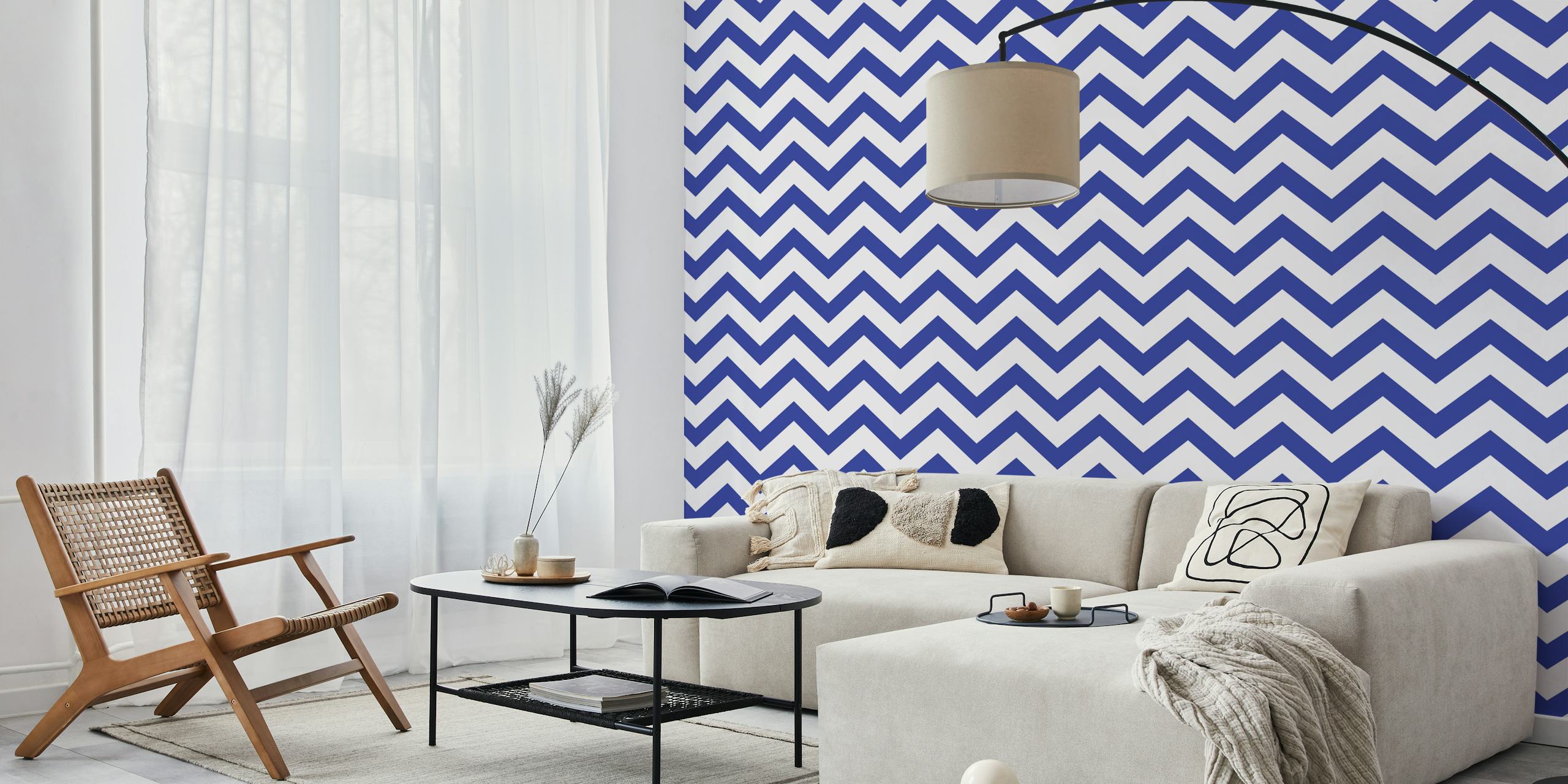 Chevron blue and white wallpaper in a room