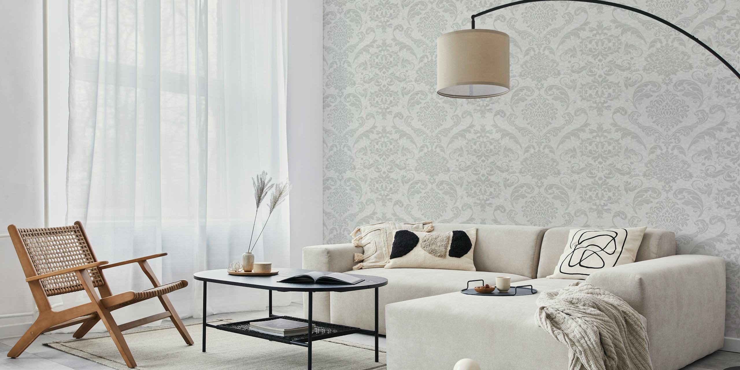 Light grey vintage Victorian damask pattern wall mural