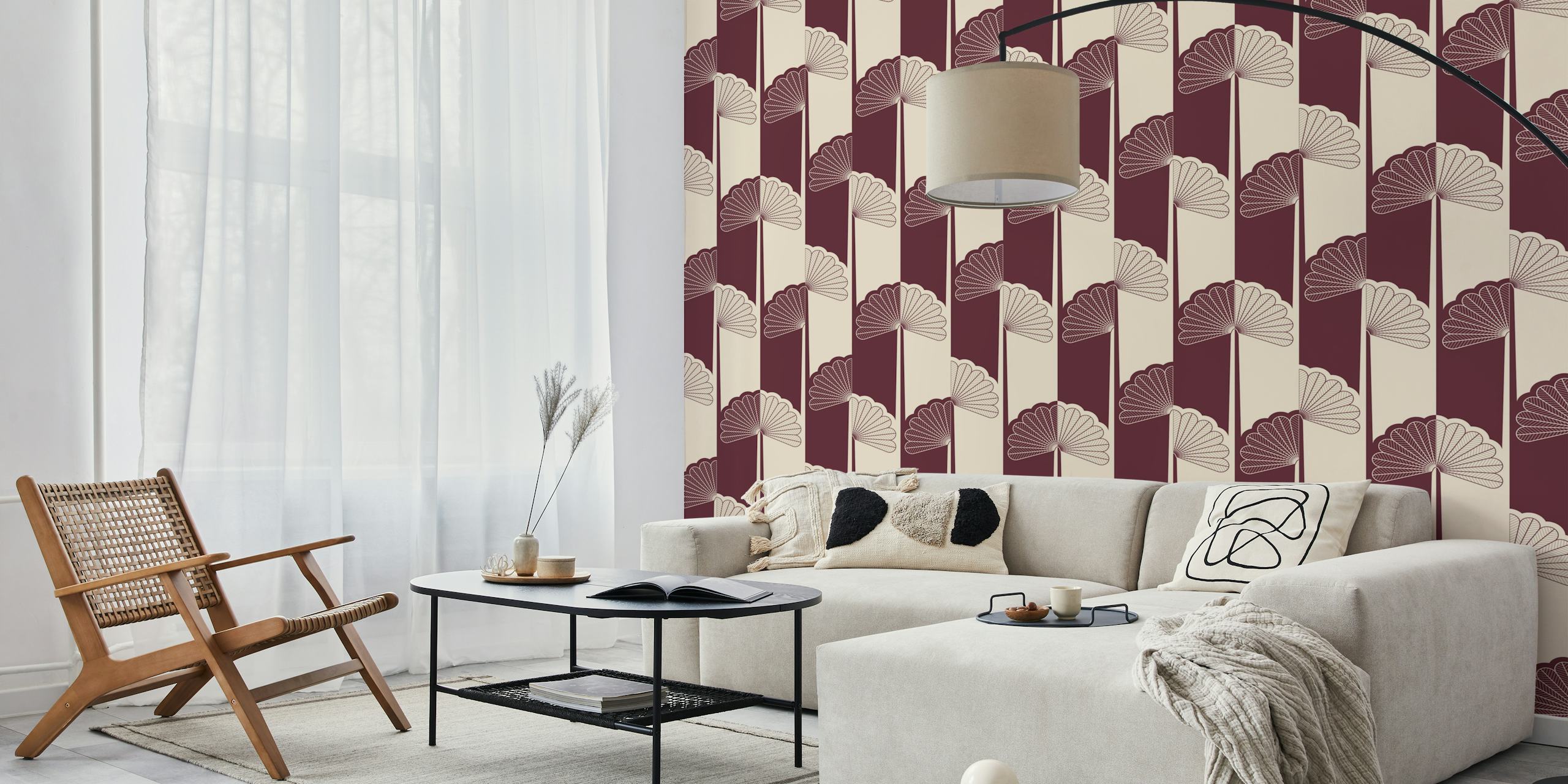 Palm tree stripes in bordeaux and off-white colors on wallpaper
