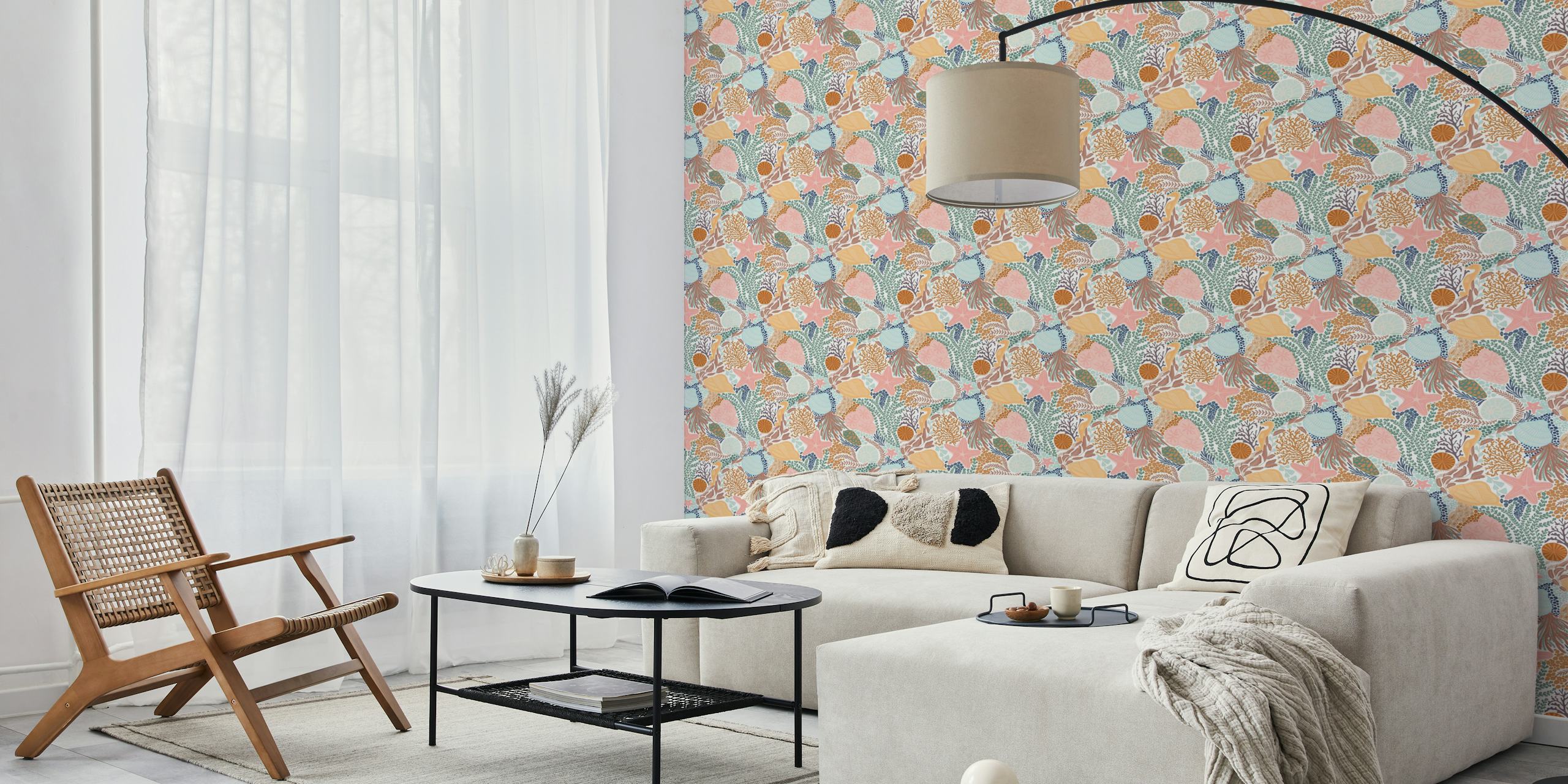 Colorful seashells and coral patterns in pink, blue, and orange wallpaper