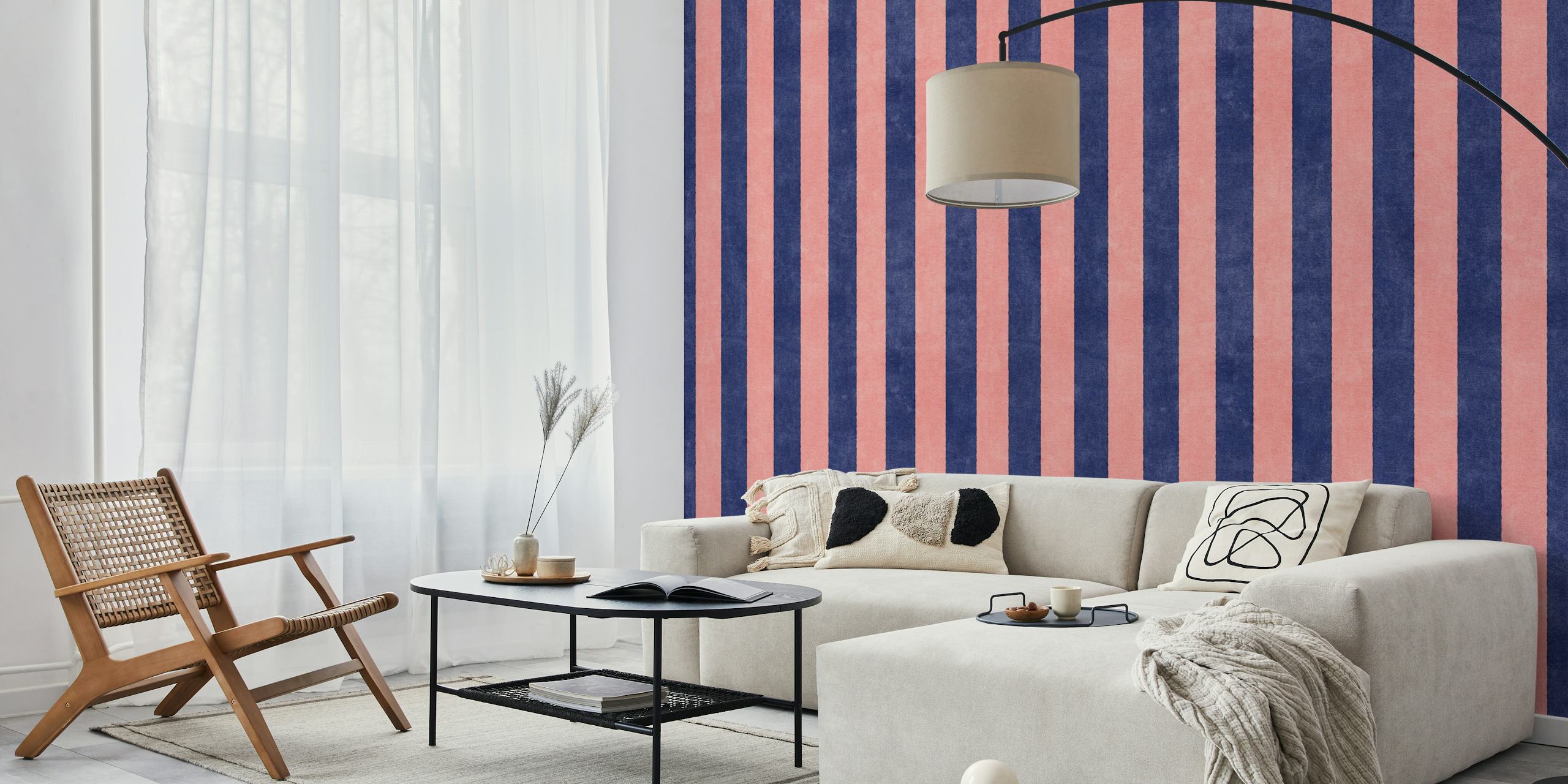Navy blue and pink striped wallpaper design