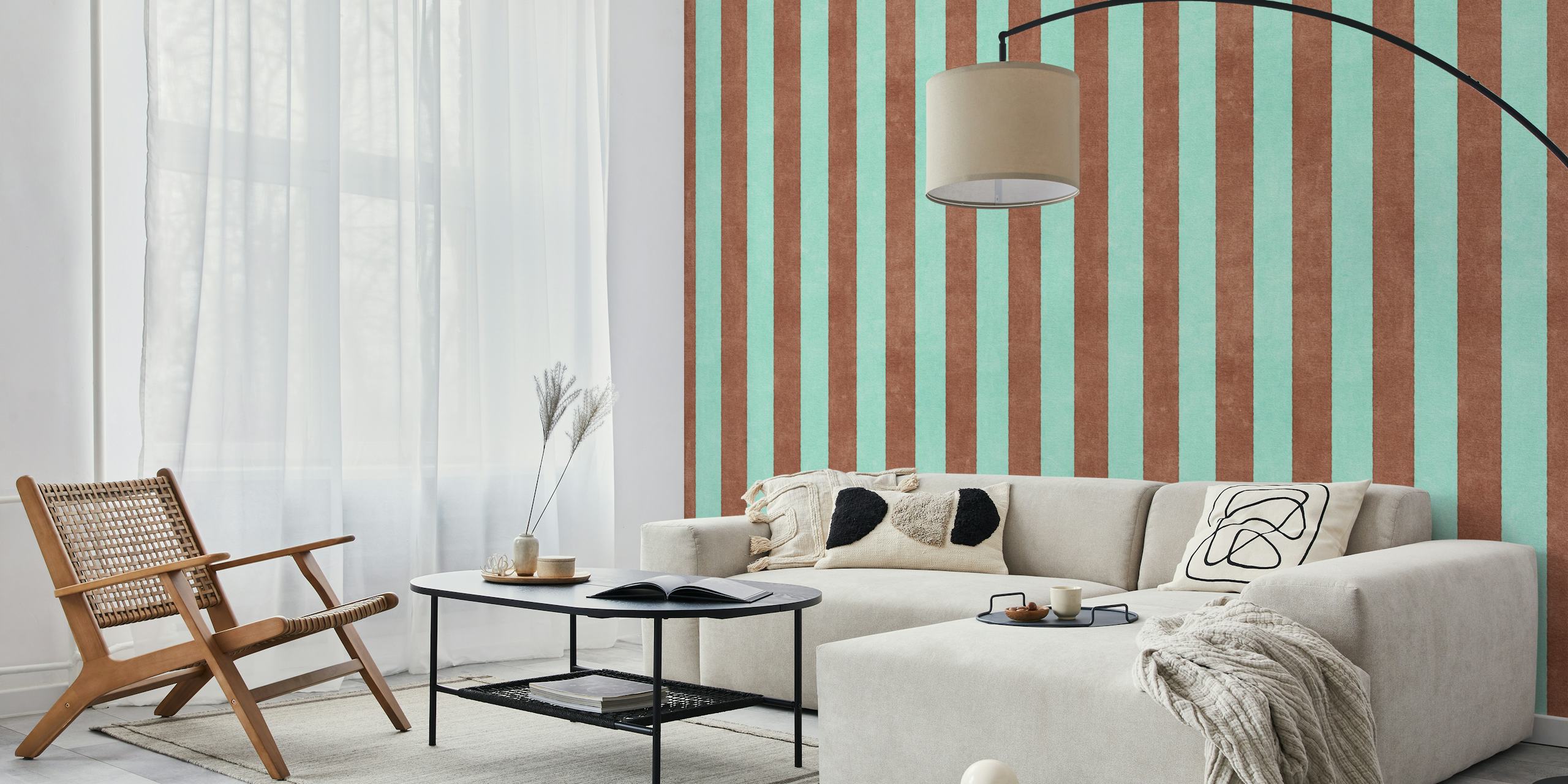 Brown and teal striped wallpaper in a room