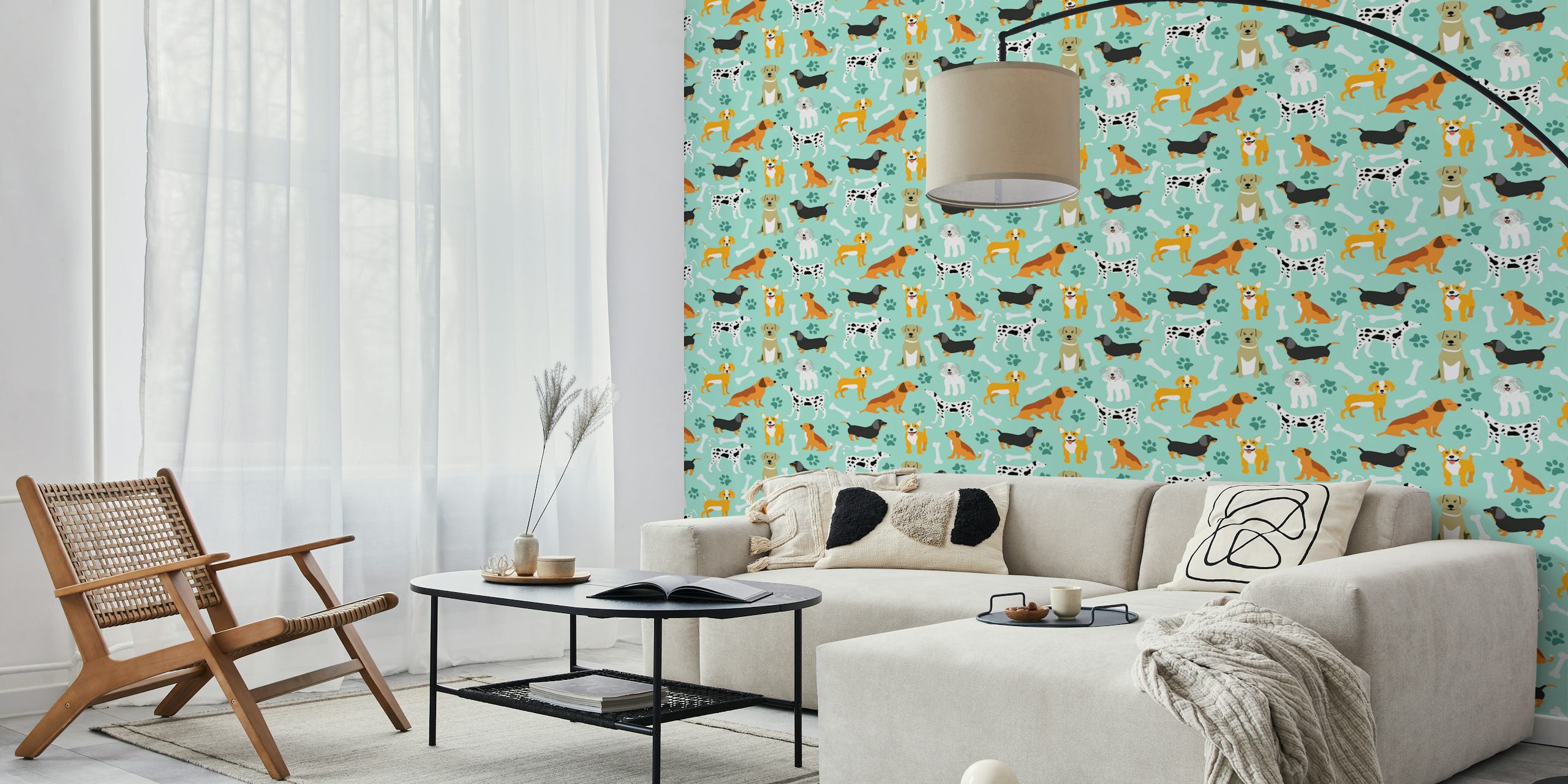 Cute dog breeds and bones wallpaper in a room