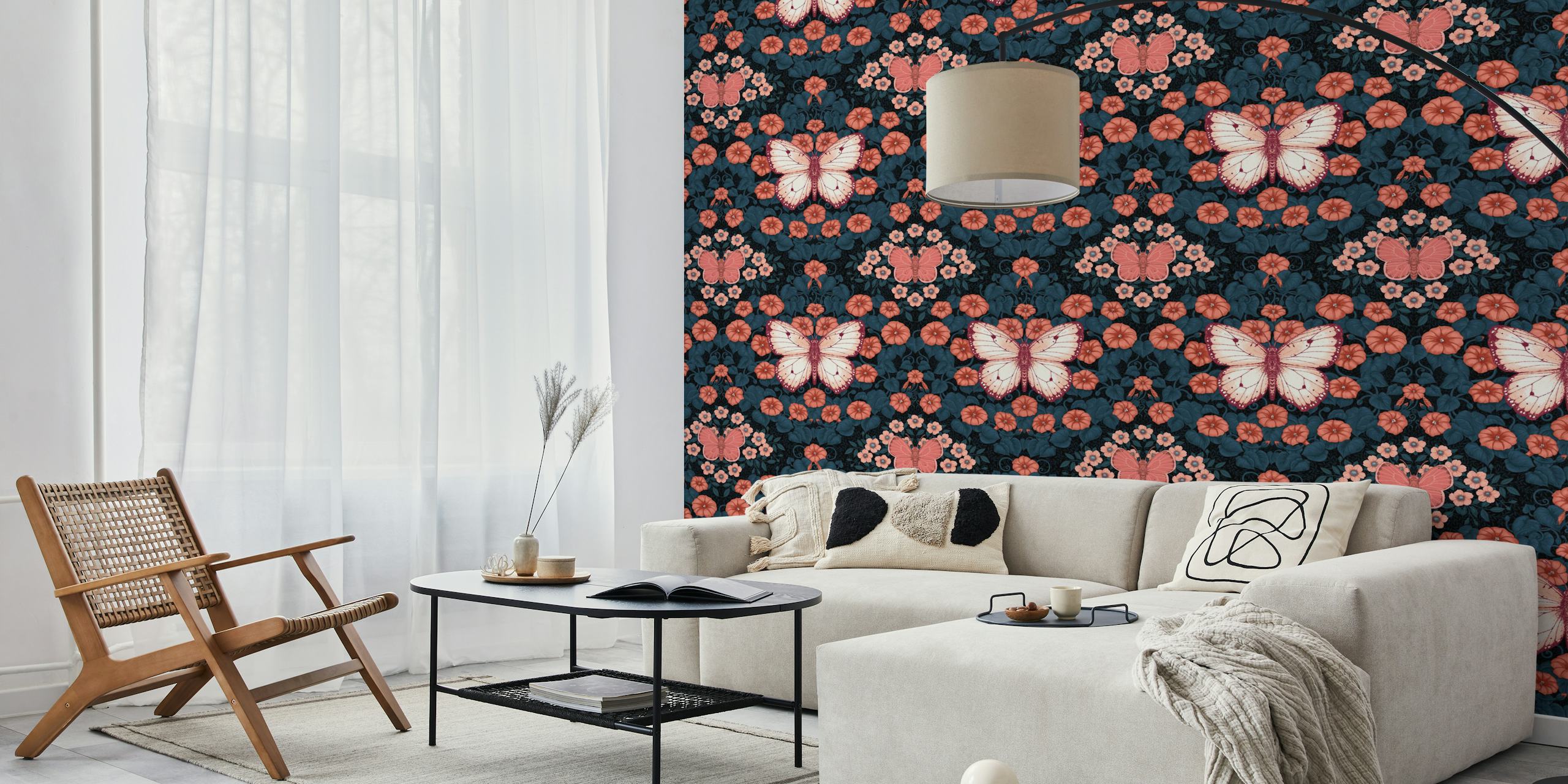 Symmetrical butterflies and flowers wall mural in shades of blue and pink