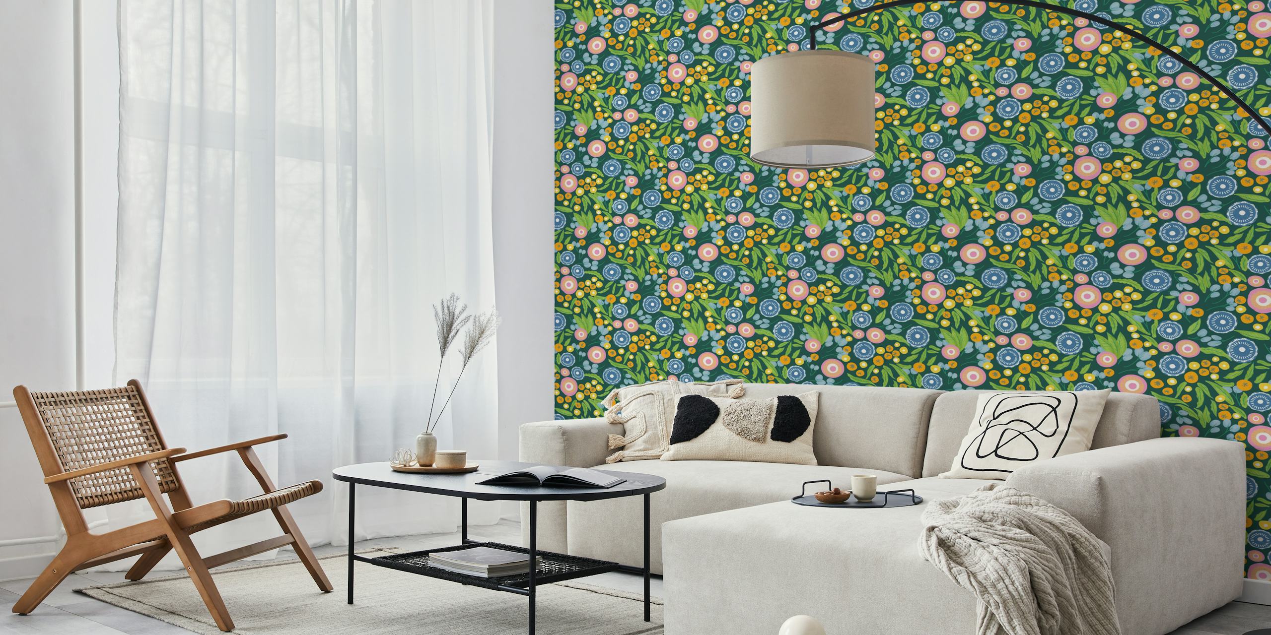 Botaniczny Mod Boho Kwiatowa fototapeta w kolorze zielonym z żywymi liśćmi i kwiatami.