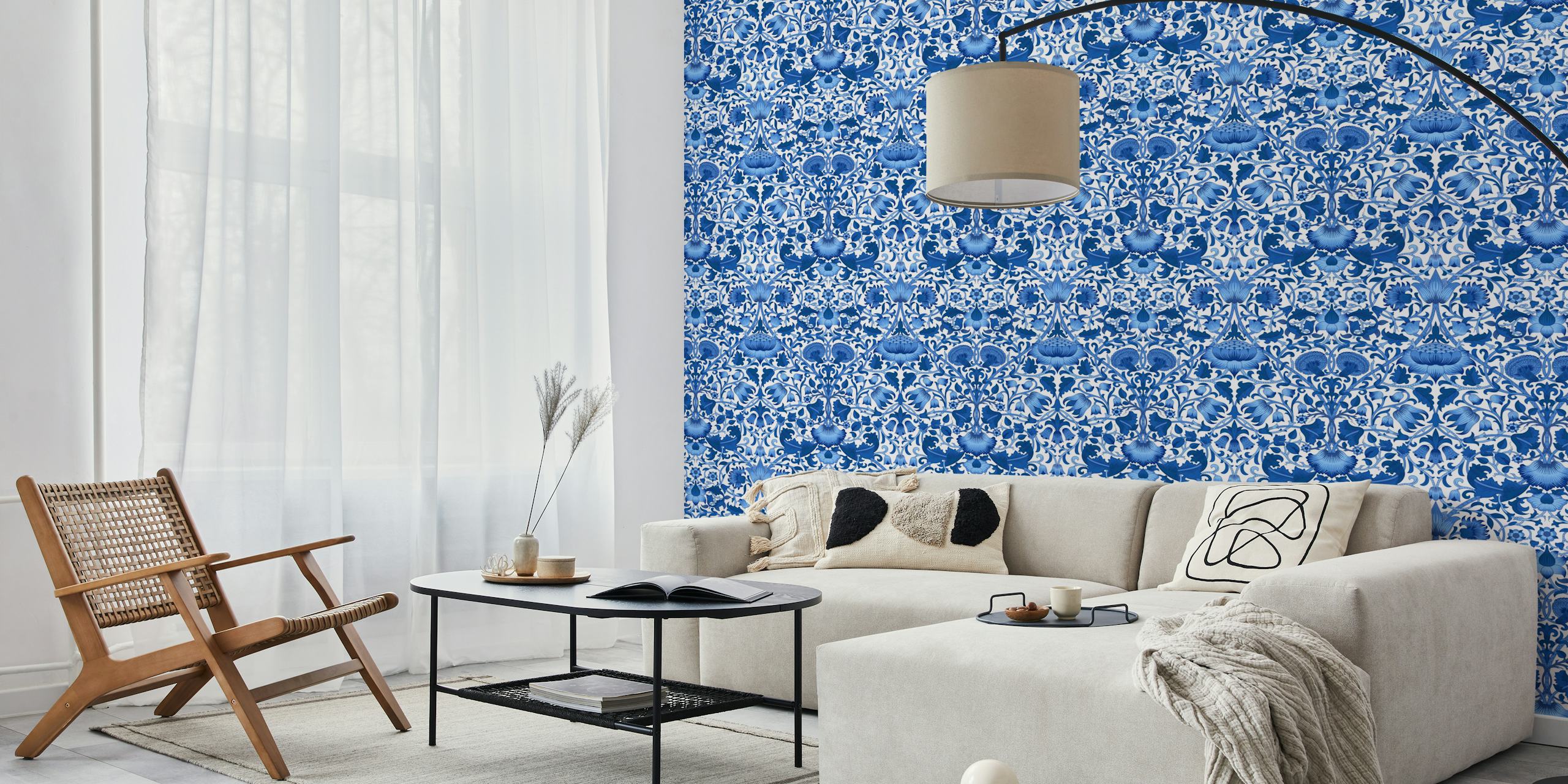 Blue floral patterns on white background wallpaper