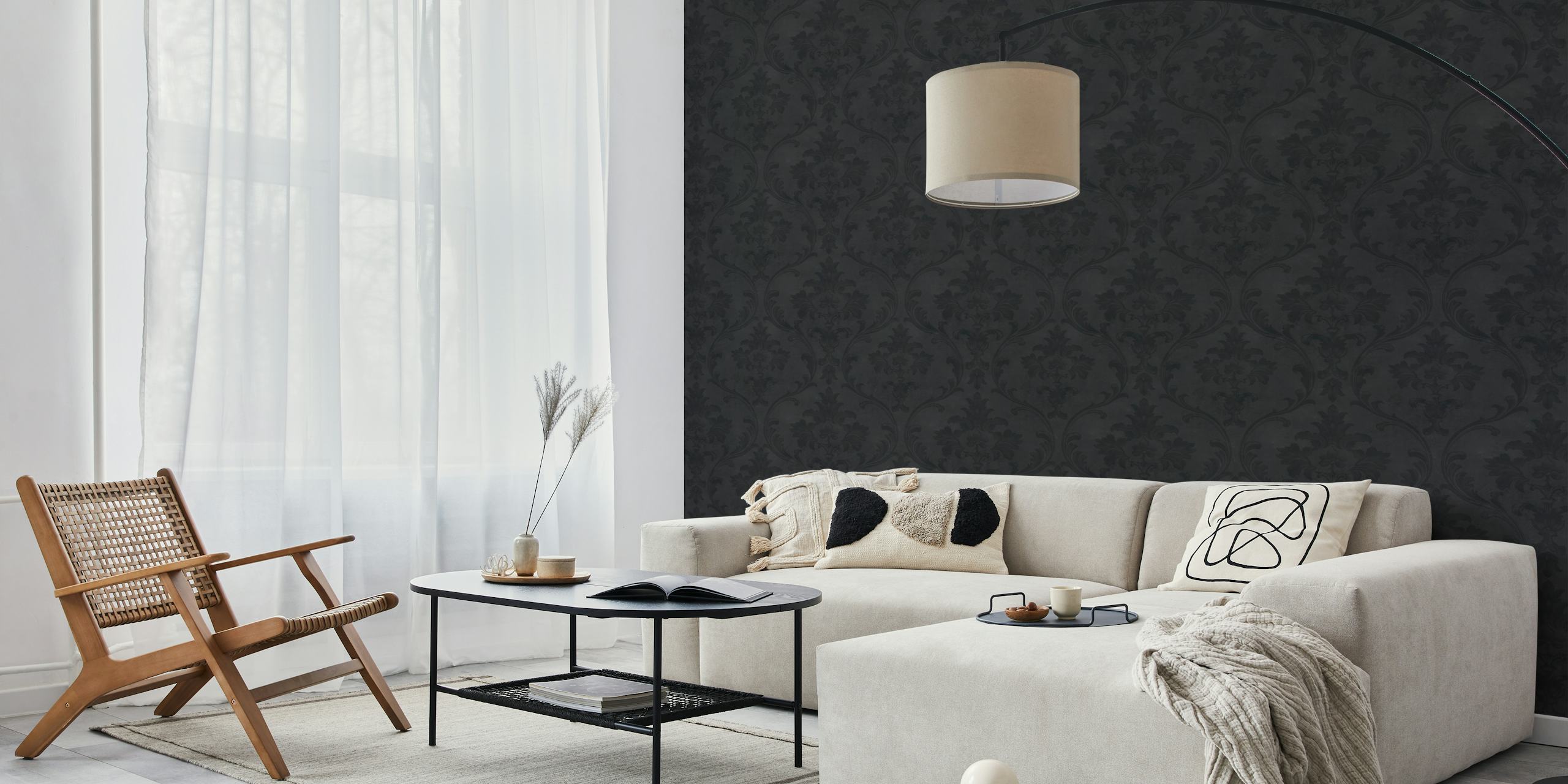 Faded Elegance Regency Damask Dark Grey carta da parati in una stanza