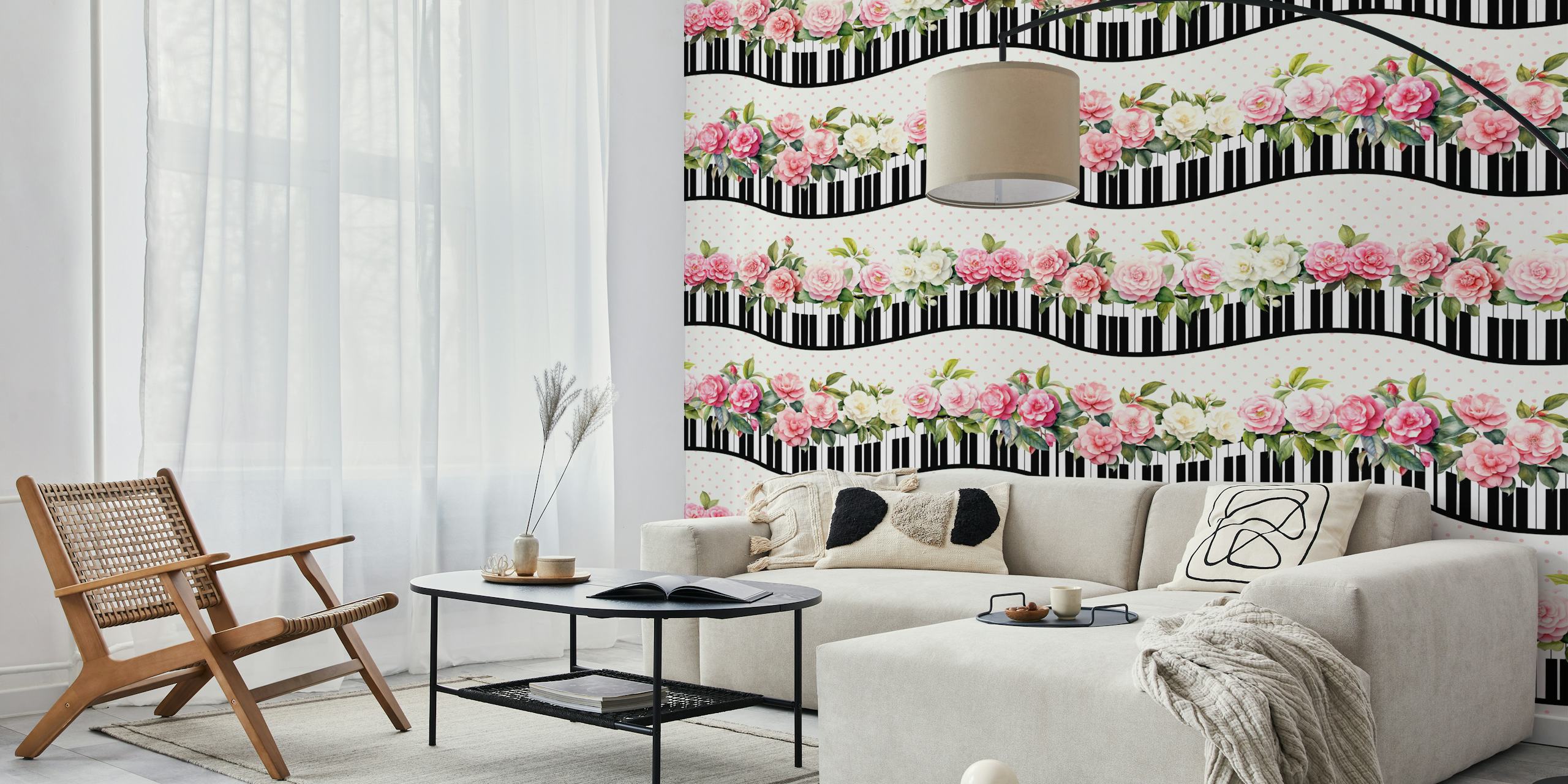 Shabby Chic wallpaper with piano keys and flowers