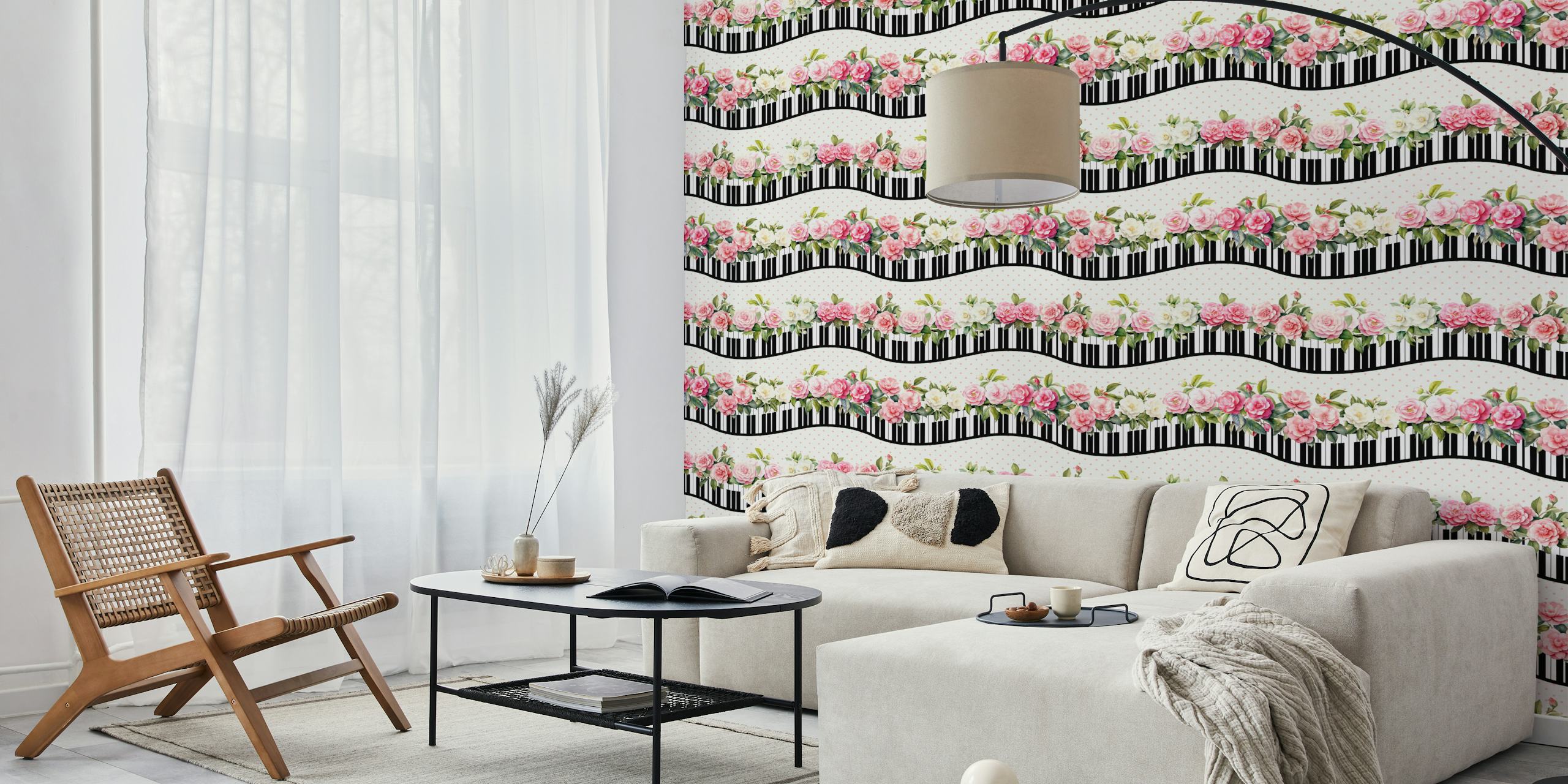 Shabby Chic piano keyboard waves wallpaper in a room