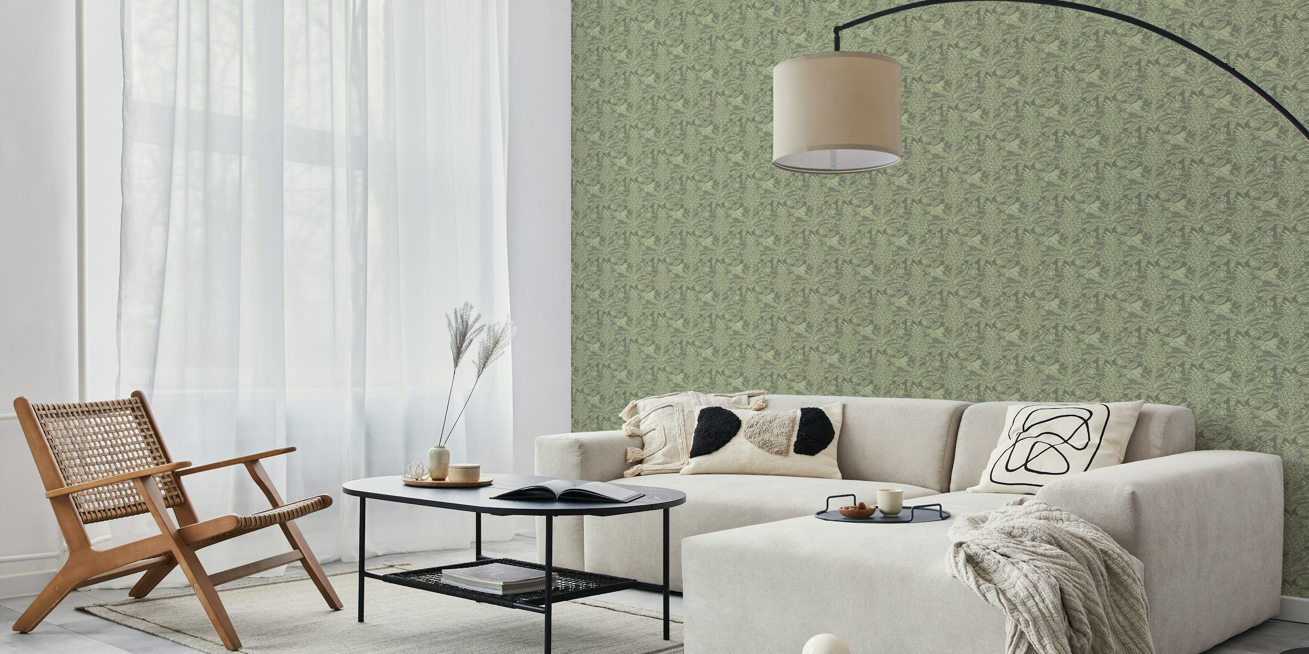 Tropicana damask wall mural in dark sage with small-scale tropical pattern