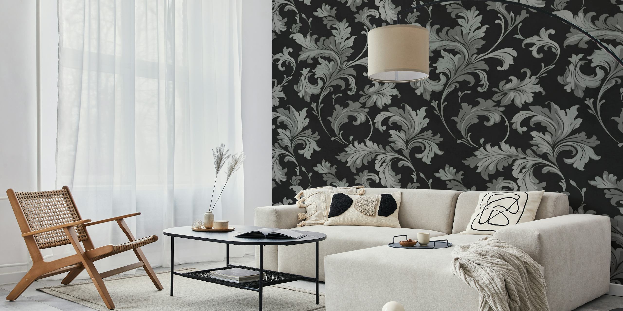 Vintage Victorian Swirl Opulence i grå og sort til vægmaleri