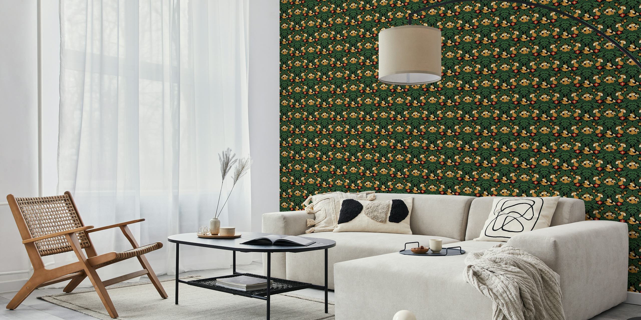 Colorful mushrooms and foliage design on dark background wallpaper