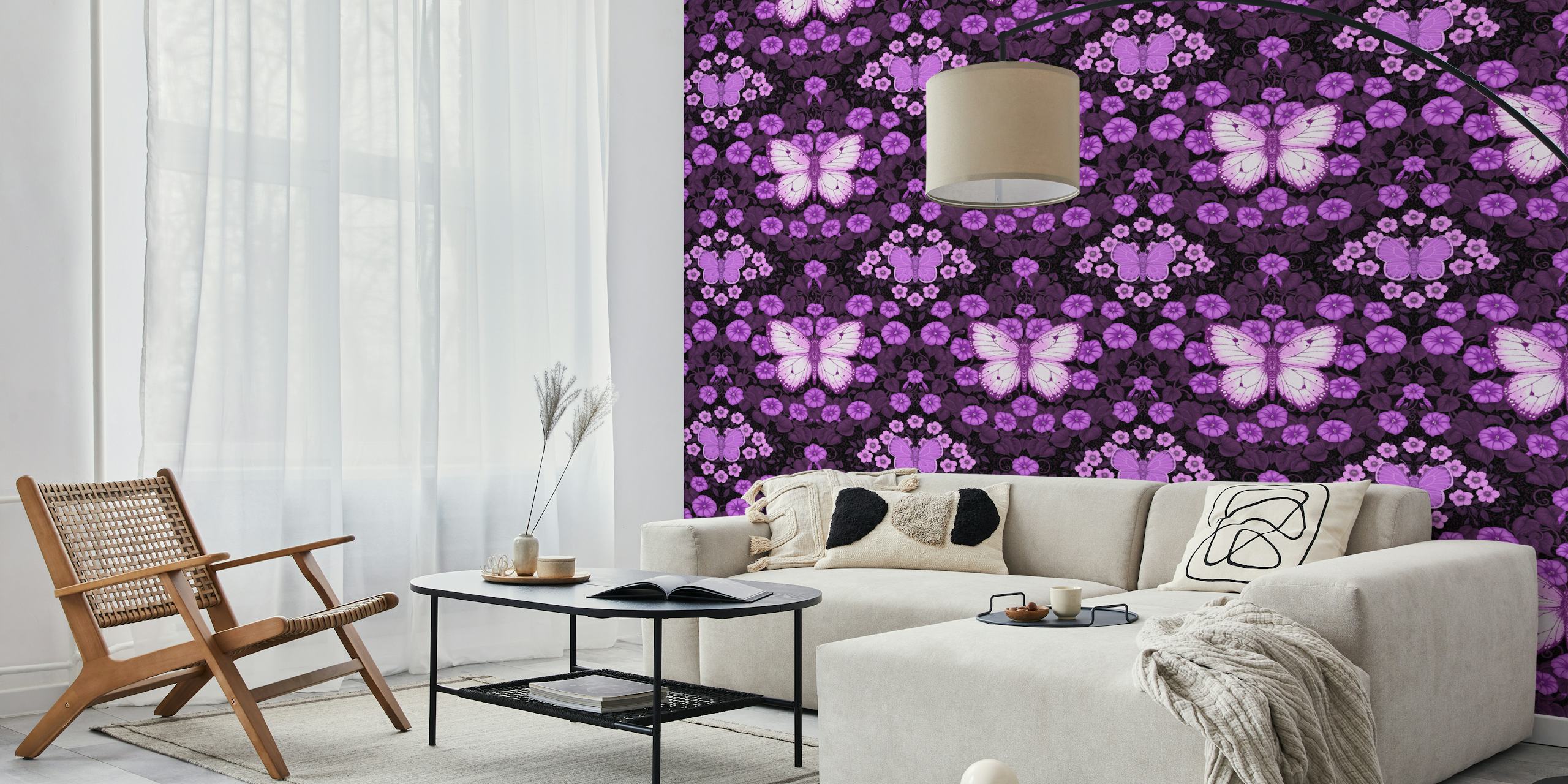 Butterflies and flowers symmetry wallpaper in a room