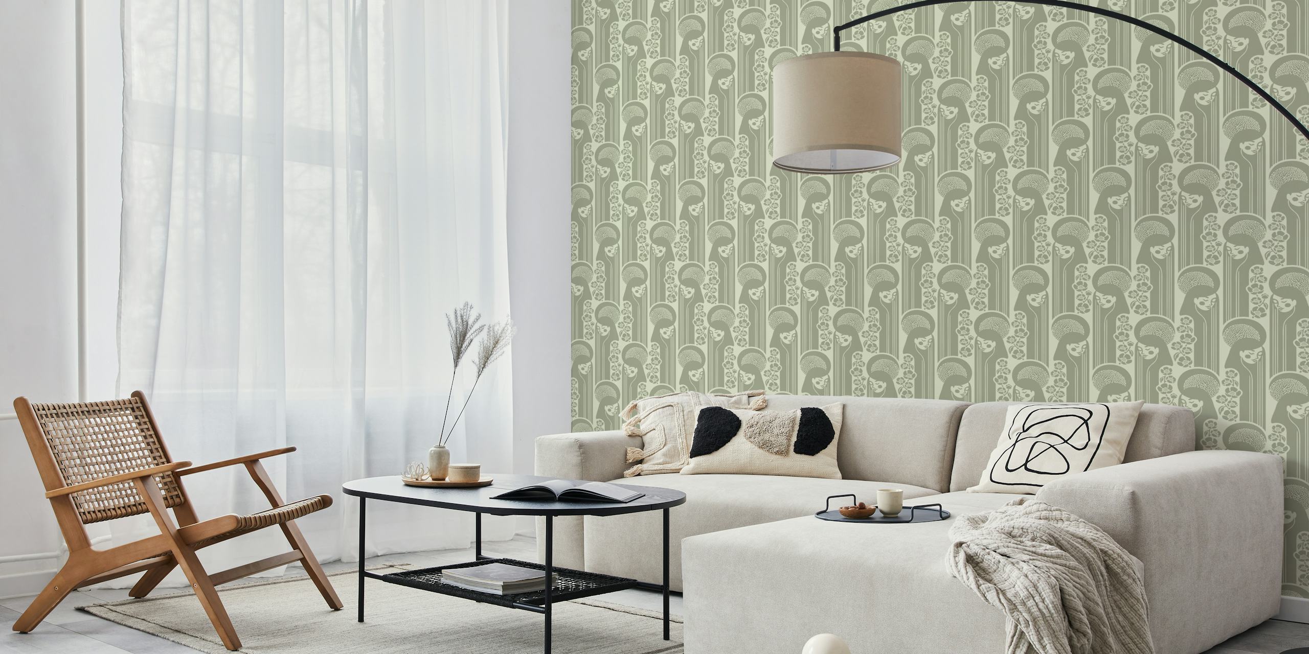 Floral goddess design with sage tones in vintage style wallpaper