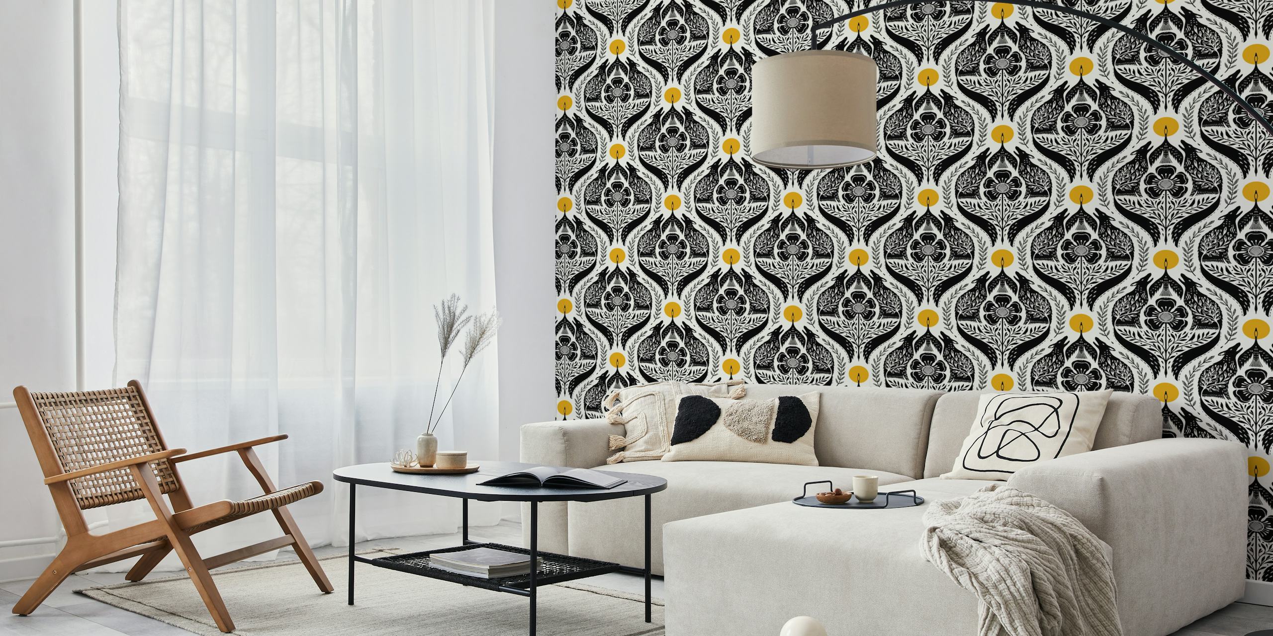 Black and white wolf and floral design wallpaper