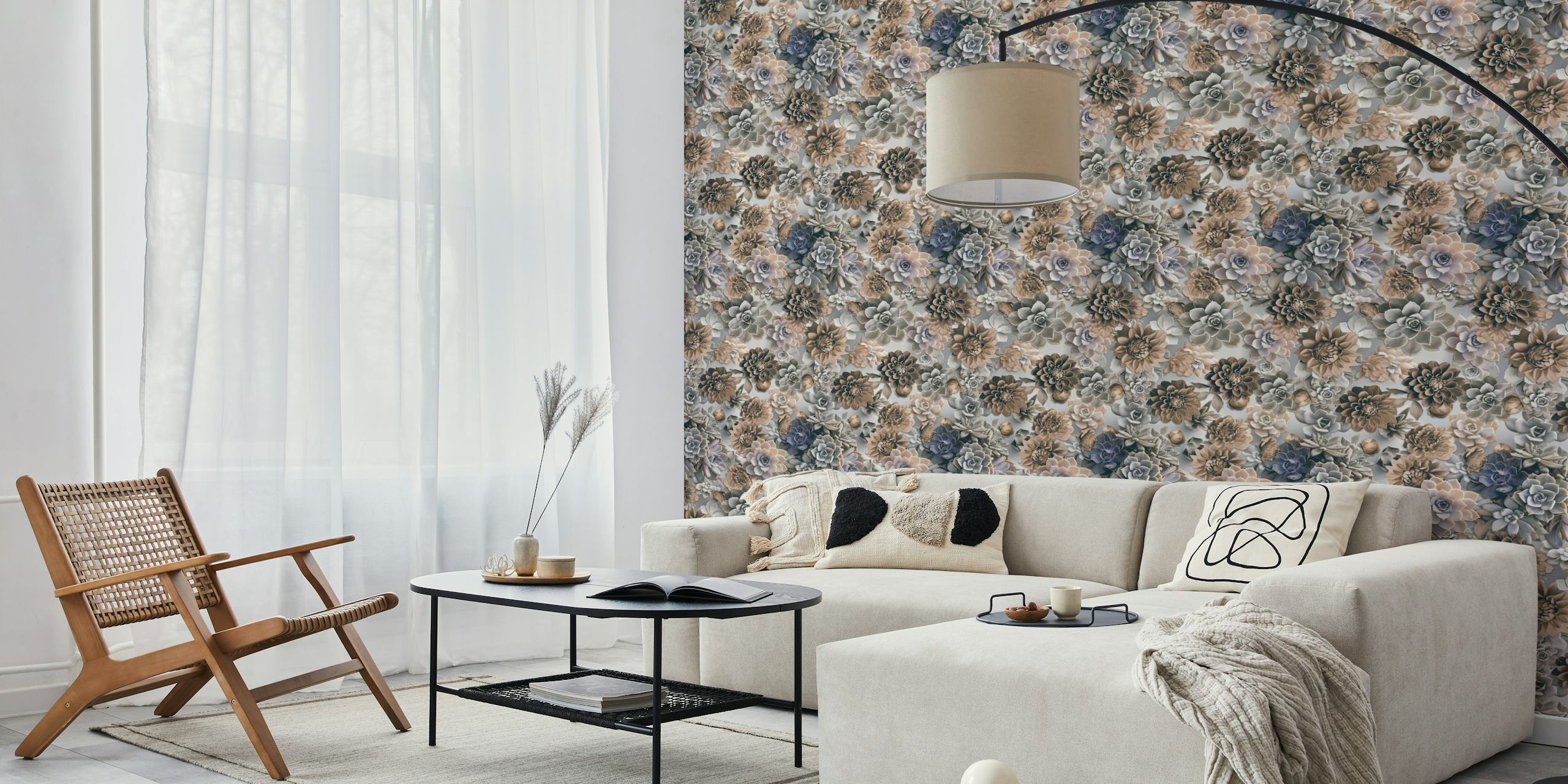 Succulent and flower wallpaper in a room