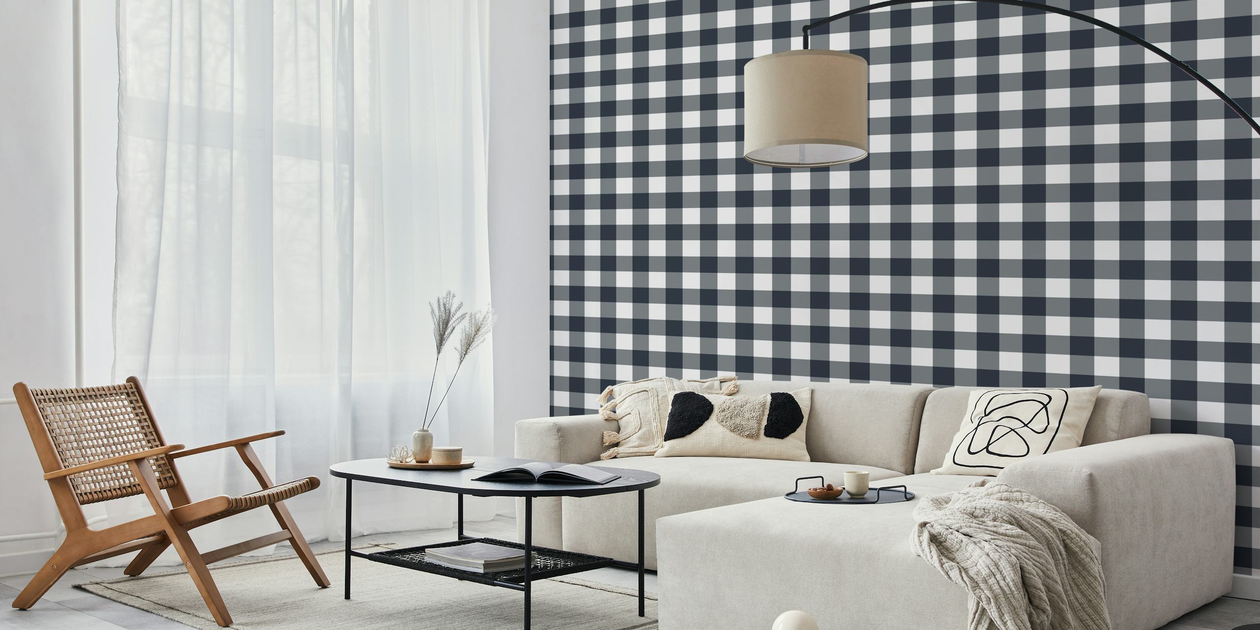 Ταπετσαρία Dark Blueberry Gingham που εμφανίζεται σε ένα δωμάτιο