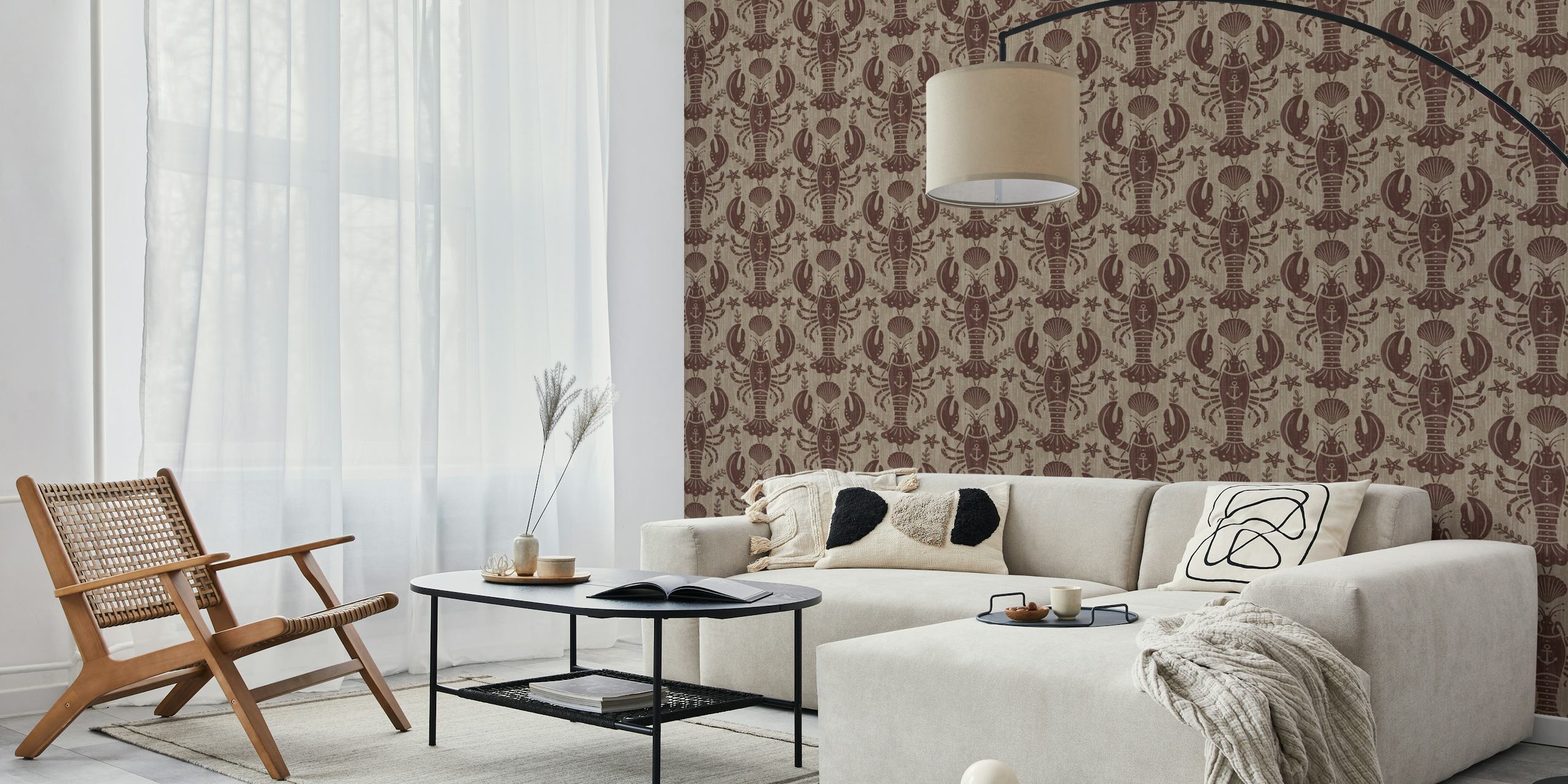 Rustic lobster with anchor wallpaper in a room