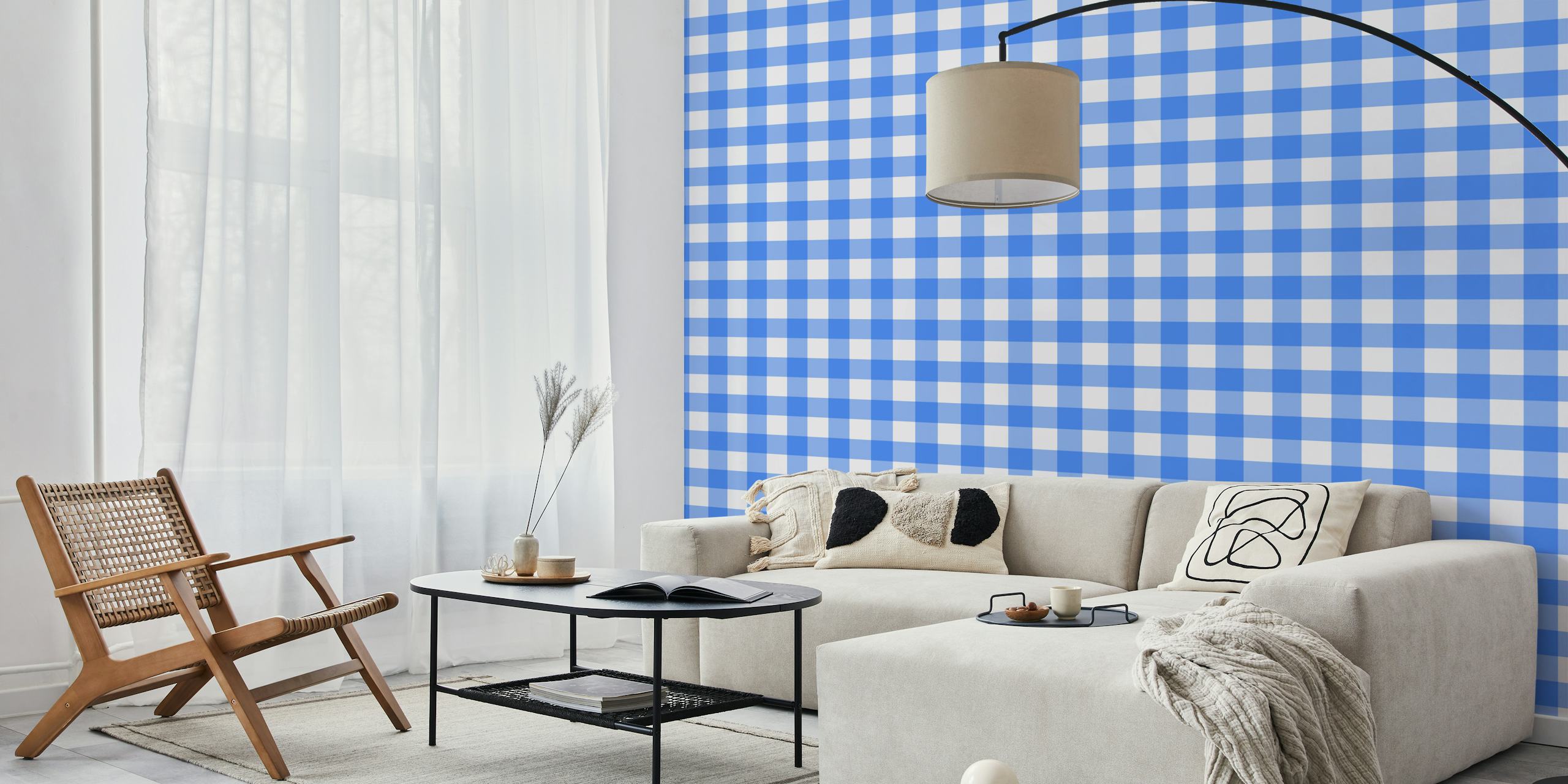 Blue gingham pattern with alternating squares wallpaper