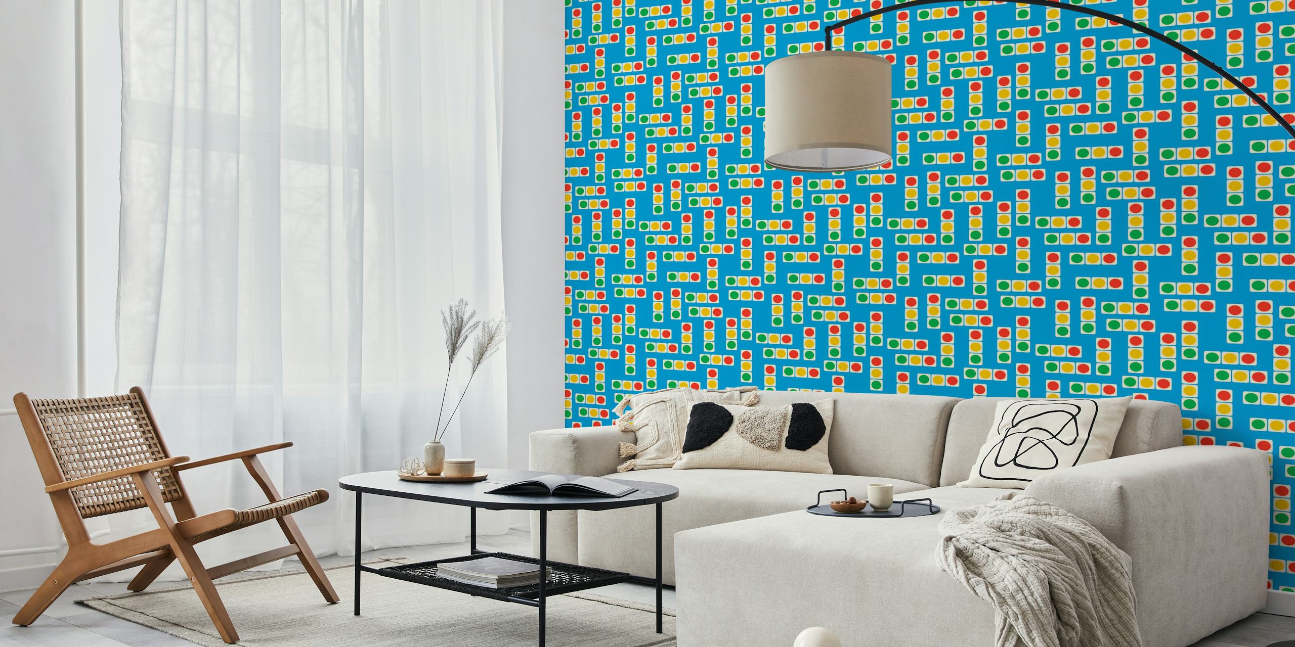 Geometric traffic light pattern in red, yellow, green on blue wallpaper
