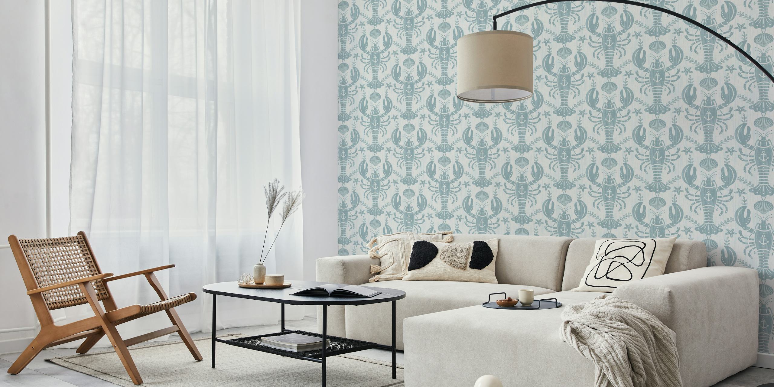 Scandi Blue Lobster wallpaper in a room setting